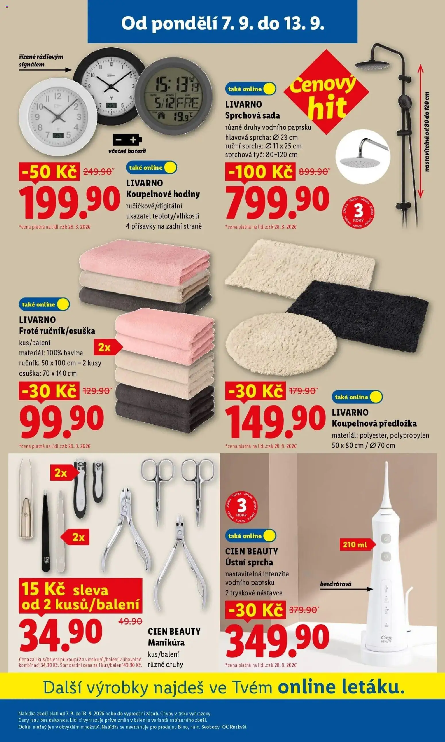 Lidl leták od 07.09.2026 - Nový akční leták | Strana: 3 | Produkty: Ručník, Hodiny, Osuška, Ústní sprcha