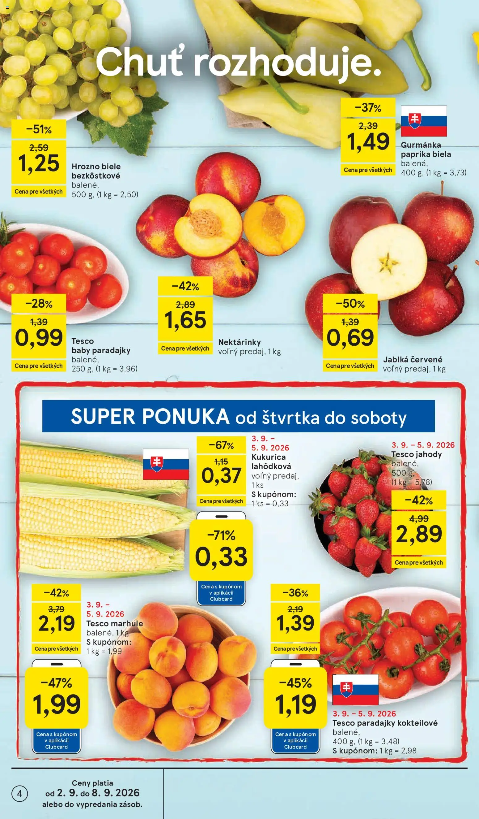 Nové Tesco akcie – leták je platný od 02.09.2026 | Strana: 4 | Produkty: Paprika, Jablká, Jahody, Hrozno
