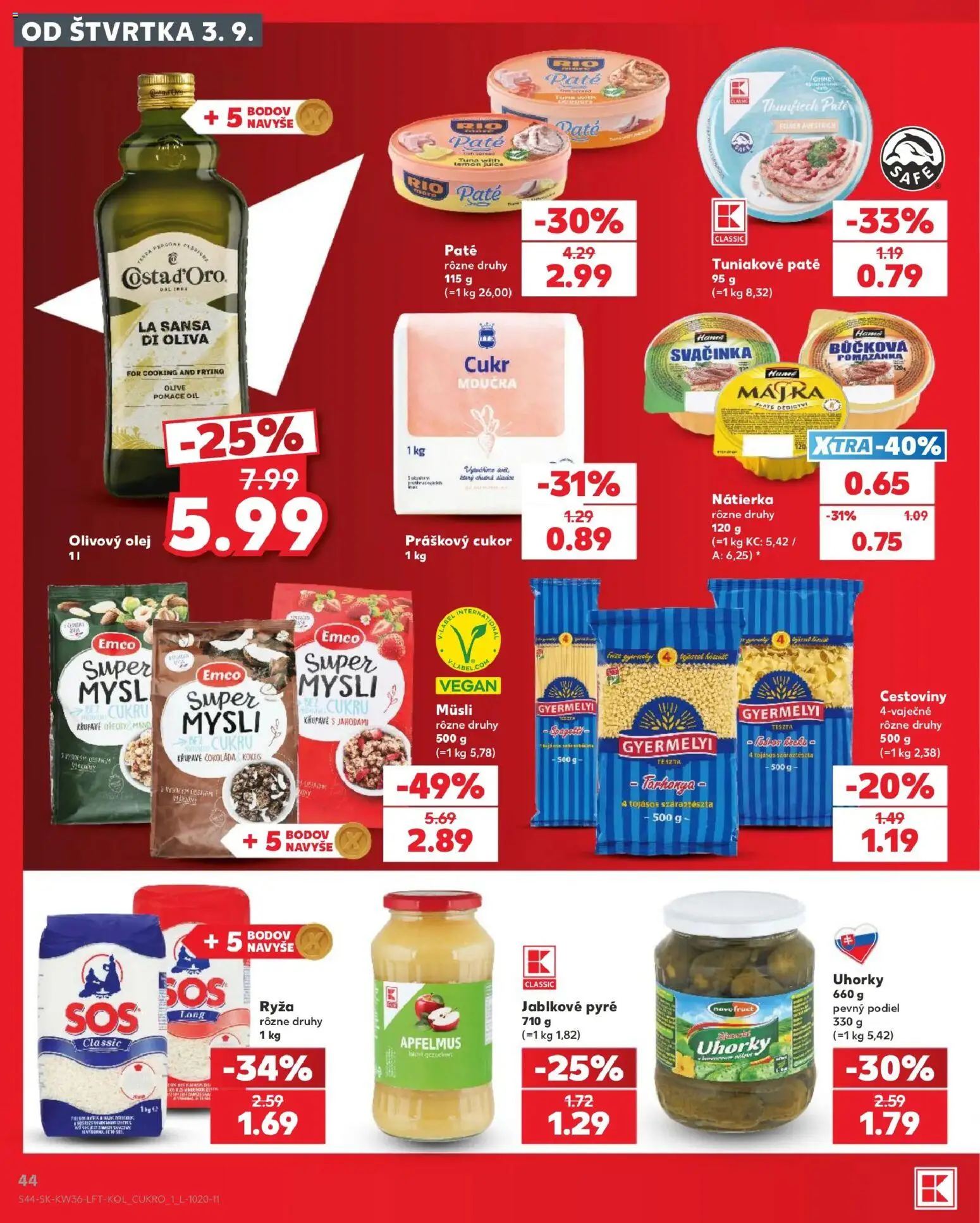 Kaufland SK akciós ujság - amely érvényes a következő dátumtól: 2026.09.03. | Oldal: 44 | Termékek: Méz, Tészta, Száraztészta, Cukor