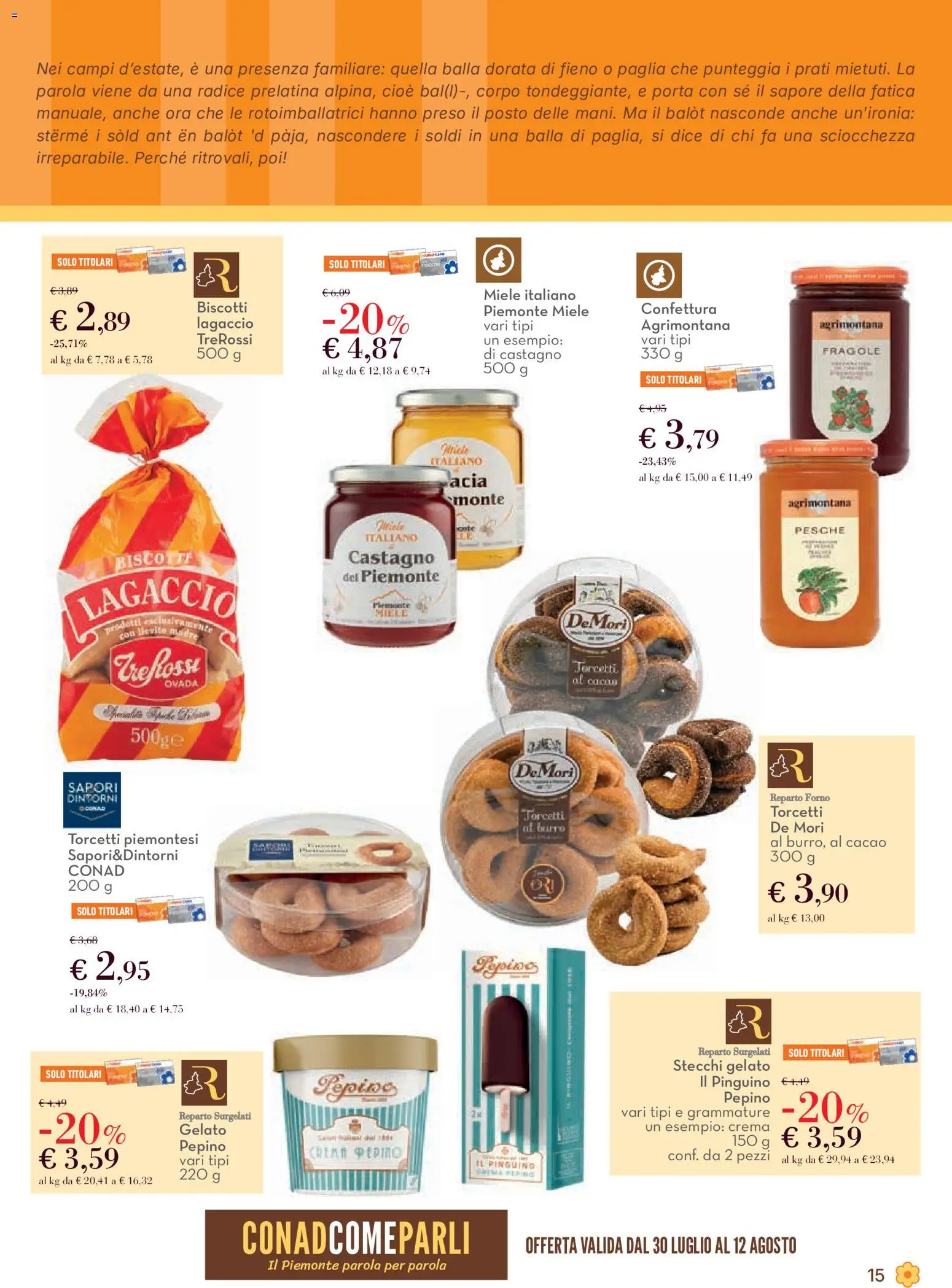 Volantino Conad del 30/07/2026 | Pagina: 15 | Prodotti: Biscotti, Gelato, Cacao, Miele