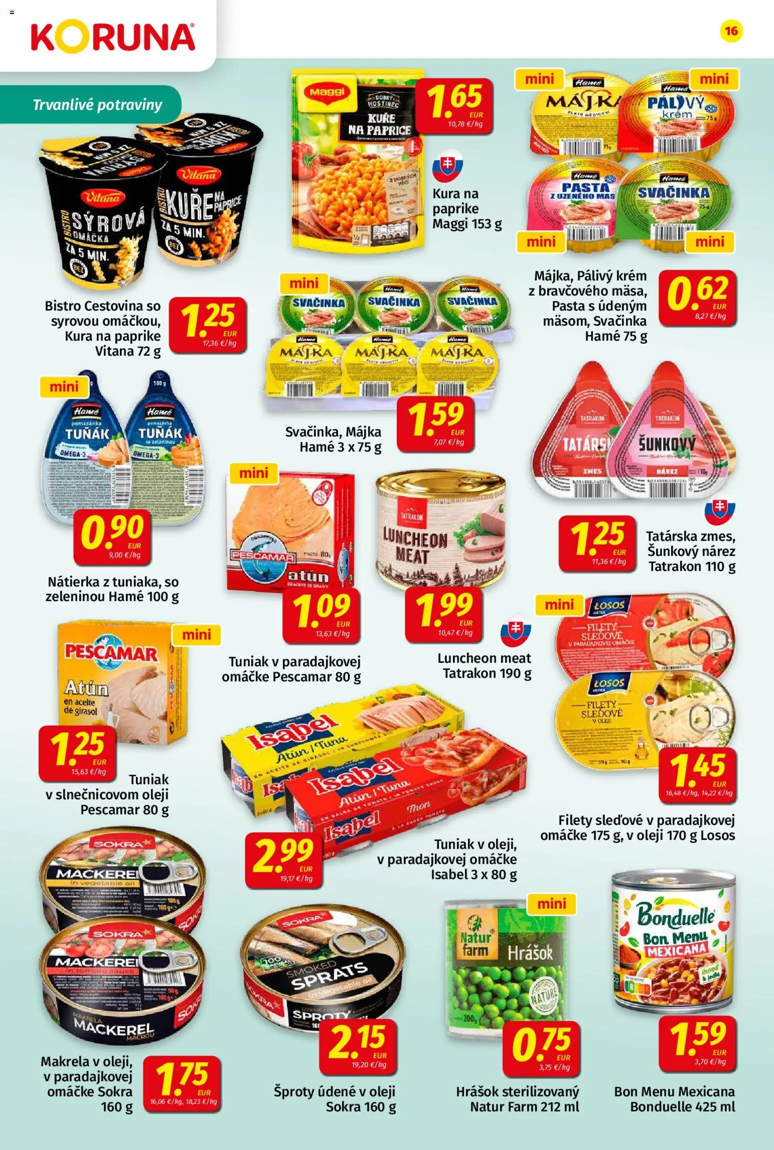Nové Koruna akcie – leták je platný od 05.06.2026 | Strana: 16 | Produkty: Tuniak, Hrášok, Krém, Omáčka