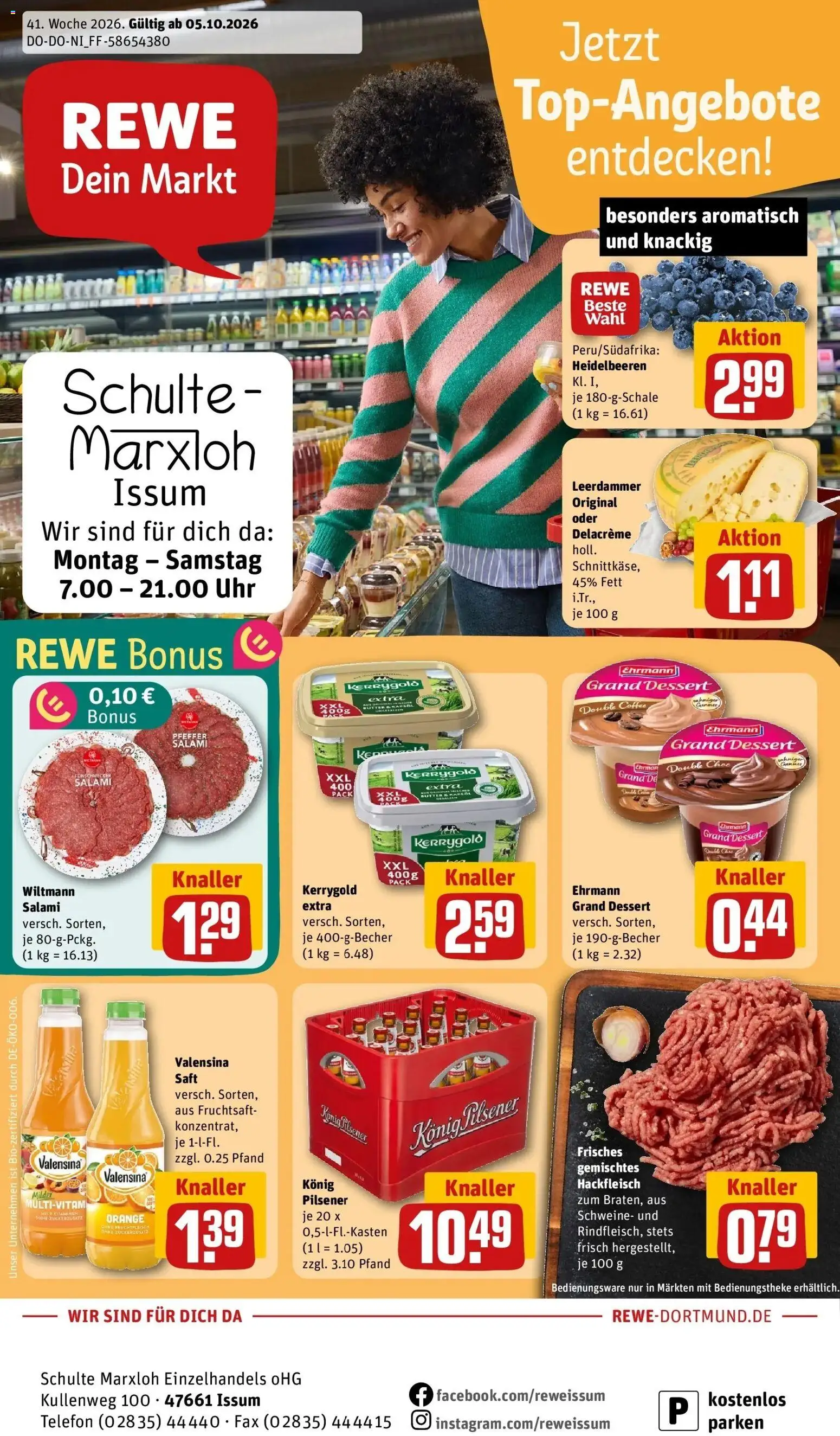 REWE Prospekt ab 05.10.2026 zum Blättern » Angebote | Seite: 1 | Produkte: Heidelbeeren, Valensina, Pfeffer, Saft