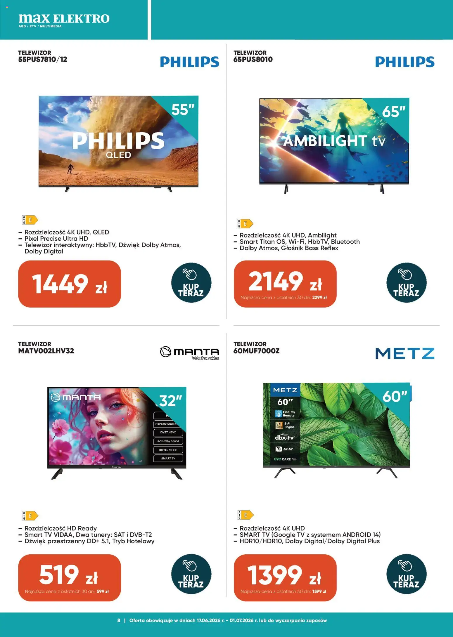 Max elektro gazetka od 17.06.2026 | Strona: 8 | Produkty: Telewizor, Głośnik