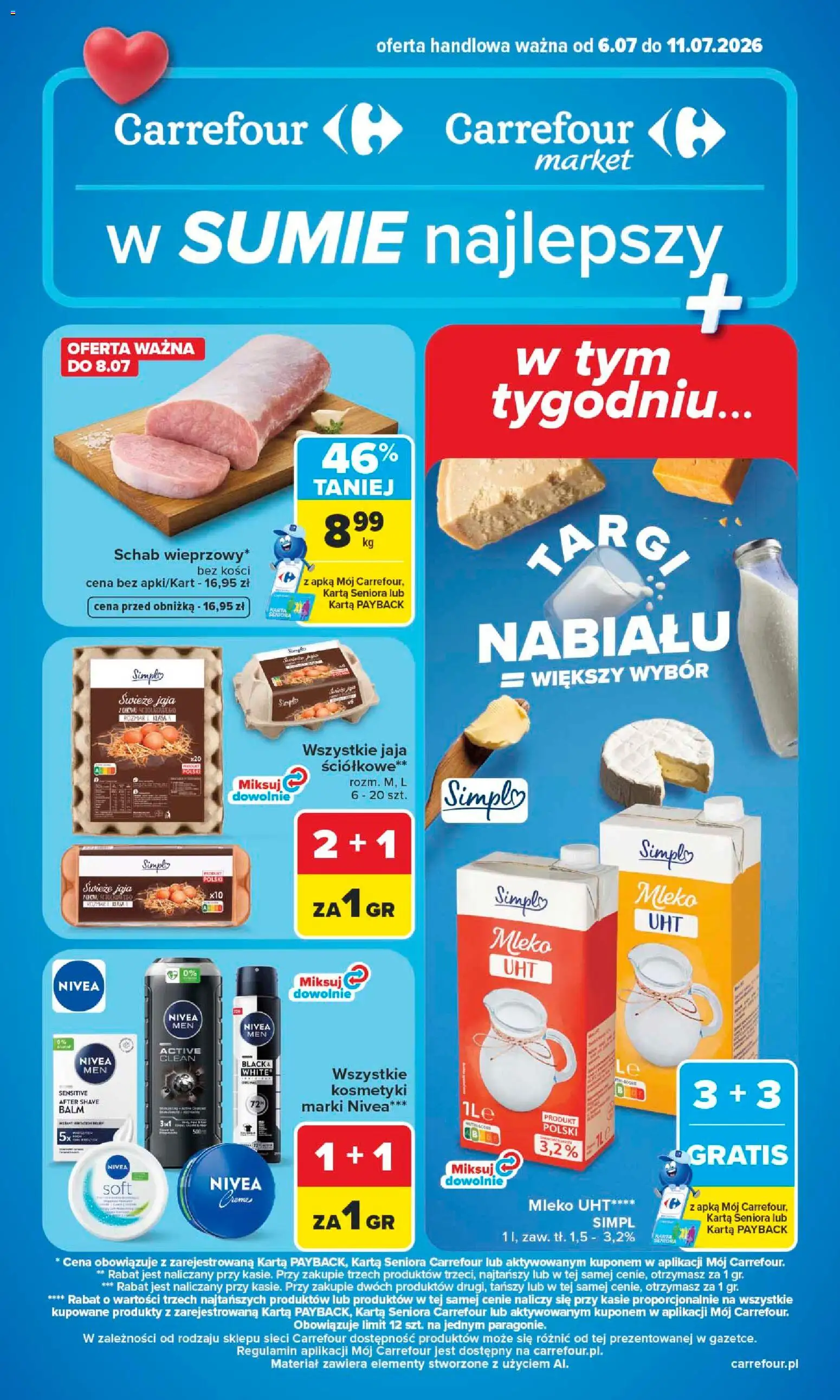 Carrefour gazetka od 06.07.2026 | Strona: 1 | Produkty: Karta, Schab, Mleko, Jaja