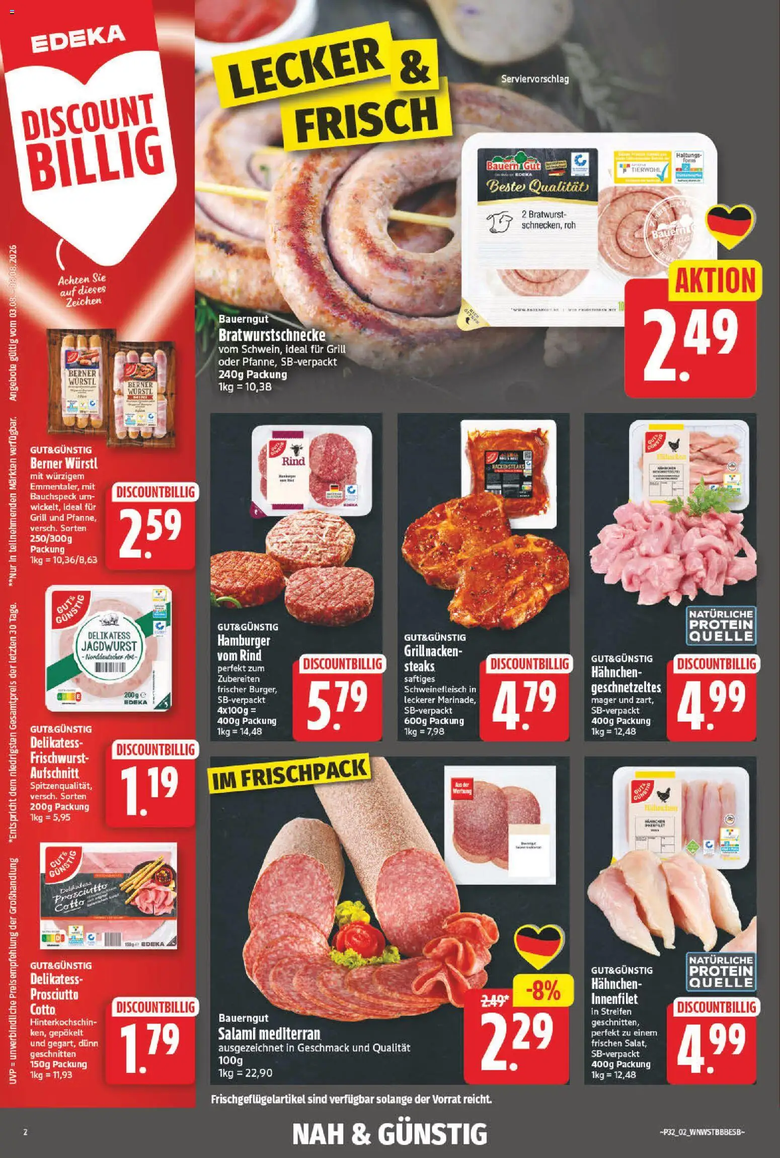 NP Discount Prospekt – gültig ab 03.08.2026 | Seite: 2 | Produkte: Grill, Hahnchen, Bratwurst, Schweinefleisch
