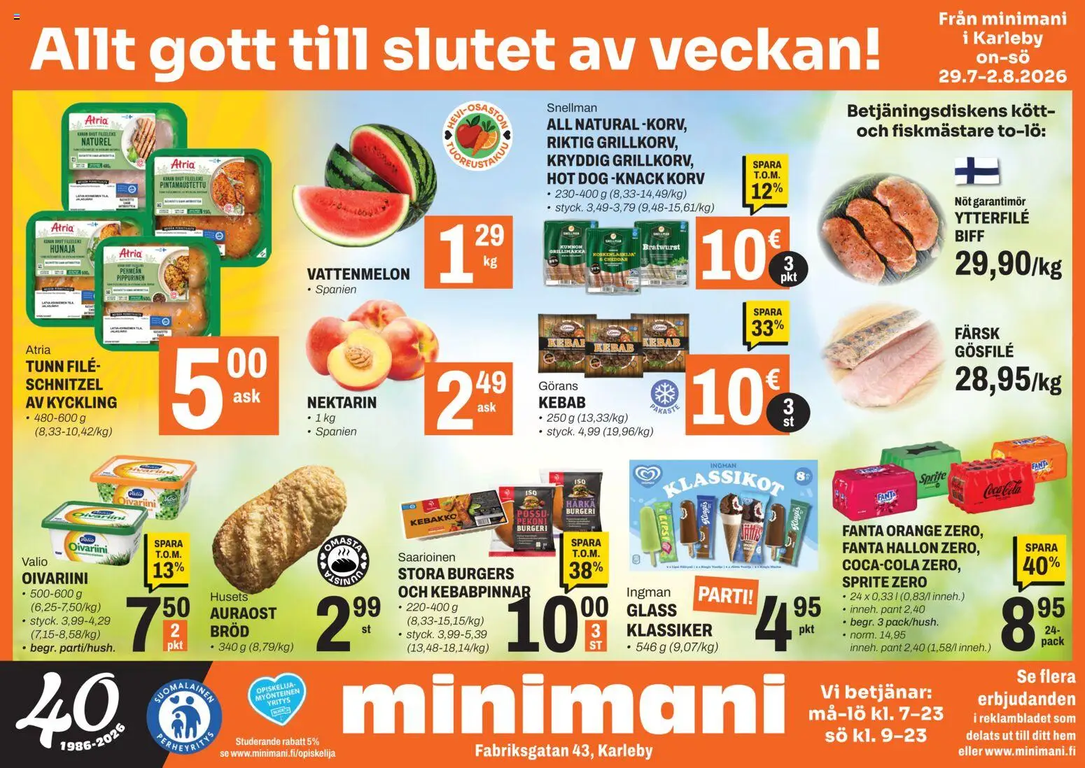 Minimani tarjoukset - Kokkola – voimassa 29/07/2026 alkaen | Sivu: 2 | Tuotteet: Sprite, Pekoni, Hot dog, Hunaja