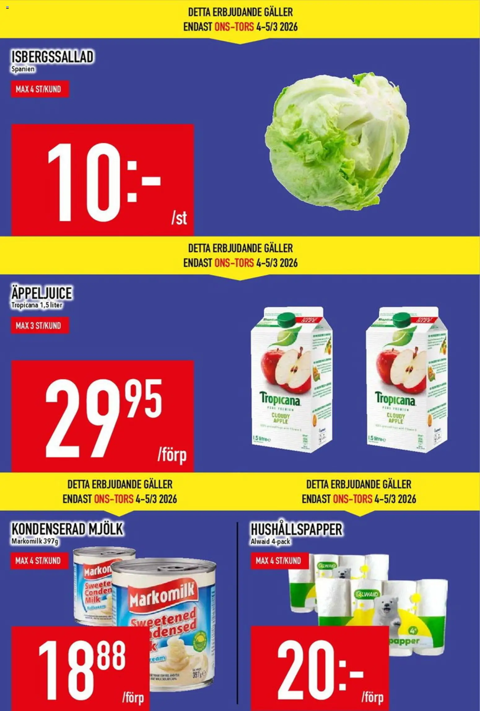 Matdax reklamblad aktuell från 09.03.2026 | Sida: 4 | Produkter: Hushållspapper, Galler, Isbergssallad, Mjölk
