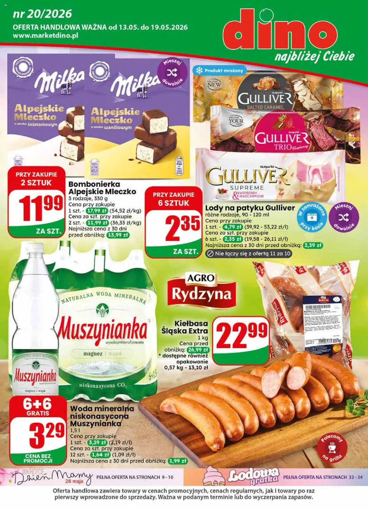 Dino gazetka od 13.05.2026 | Strona: 1 | Produkty: Muszynianka, Milka, Kiełbasa śląska, Woda