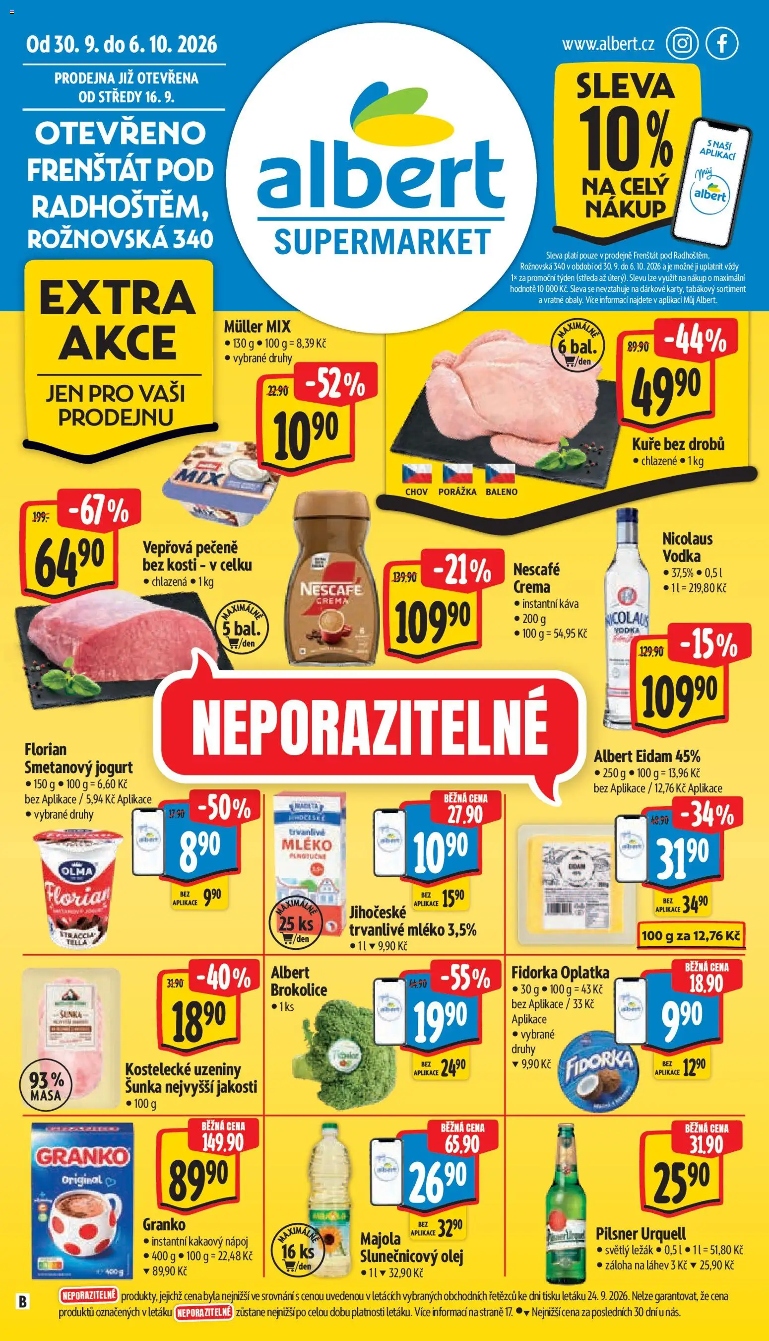 Albert leták - Supermarket Frenštát pod Radhoštěm od 30.09.2026 | Strana: 1 | Produkty: Nescafe Crema, Eidam, Kuře, Láhev