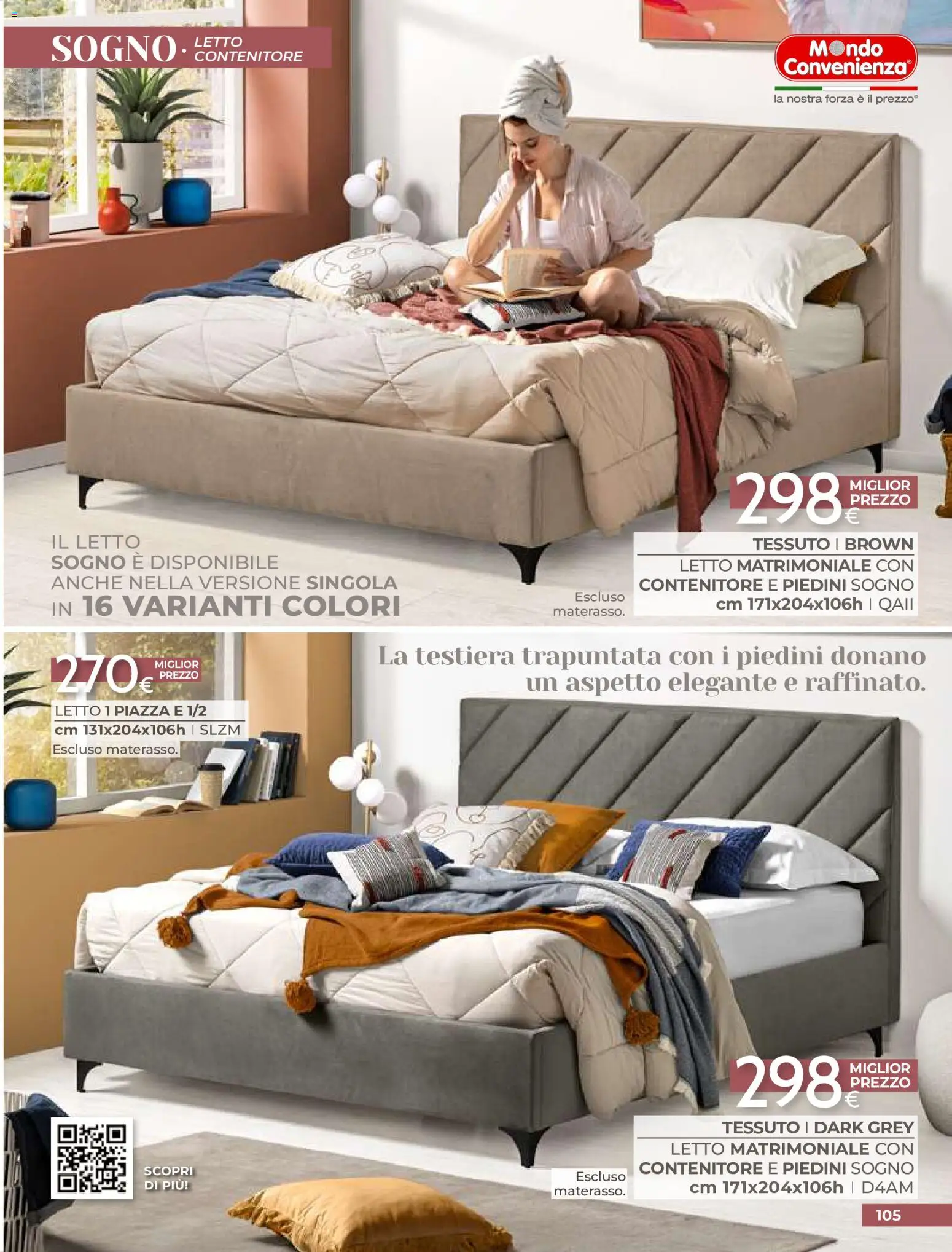 Volantino Mondo Convenienza del 01/09/2026 | Pagina: 107 | Prodotti: Letto matrimoniale, Letto contenitore, Contenitore, Materasso