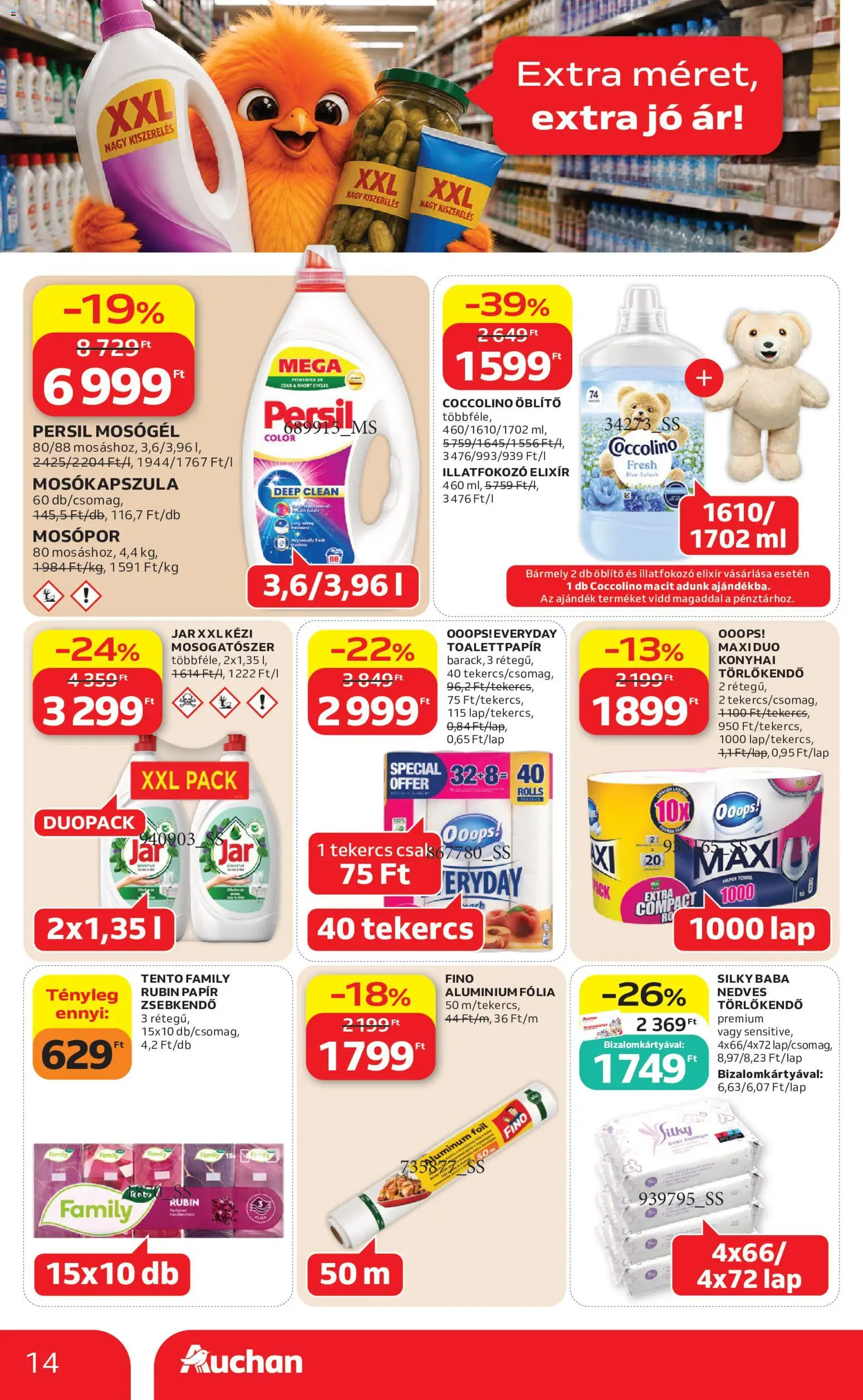 Auchan akciós ujság - amely érvényes a következő dátumtól: 2026.08.06. | Oldal: 14 | Termékek: Coccolino, Persil, Mosókapszula, Mosogatószer