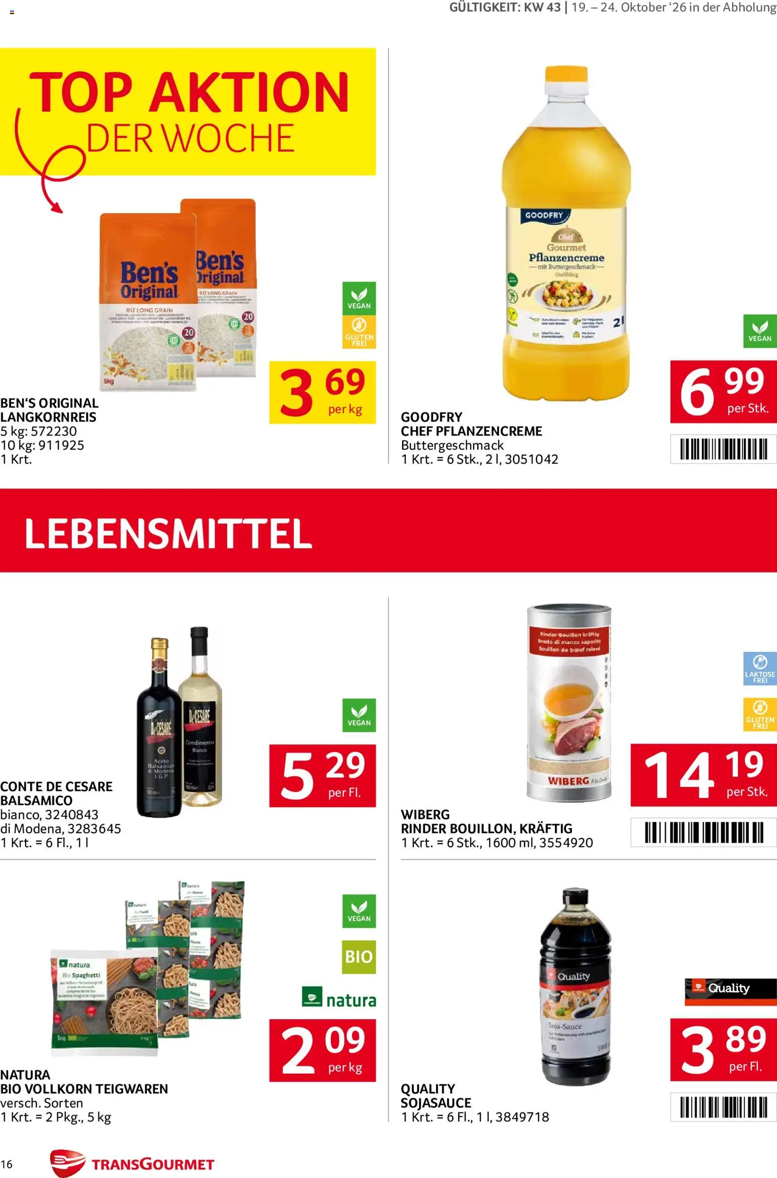 Transgourmet Broschüre gültig ab 19.10.2026 | Seite: 16 | Produkte: Pflanzencreme, Lebensmittel, Spaghetti