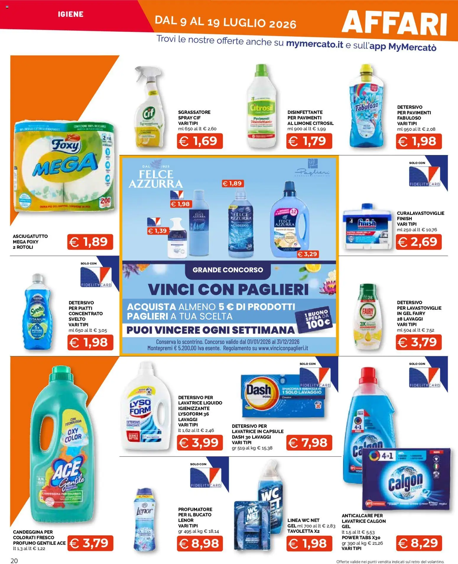 Volantino Mercatò del 09/07/2026 | Pagina: 20 | Prodotti: Detersivo per lavastoviglie, Candeggina, Anticalcare, Limone