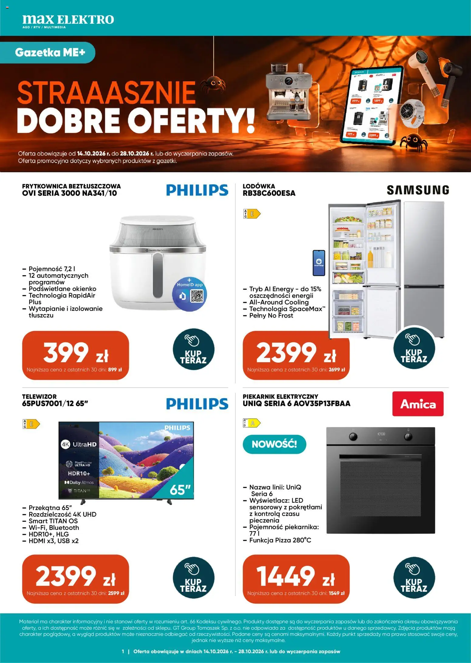 Max elektro gazetka od 14.10.2026 | Strona: 1 | Produkty: Telewizor, Lodówka, Piekarnik, Pizza