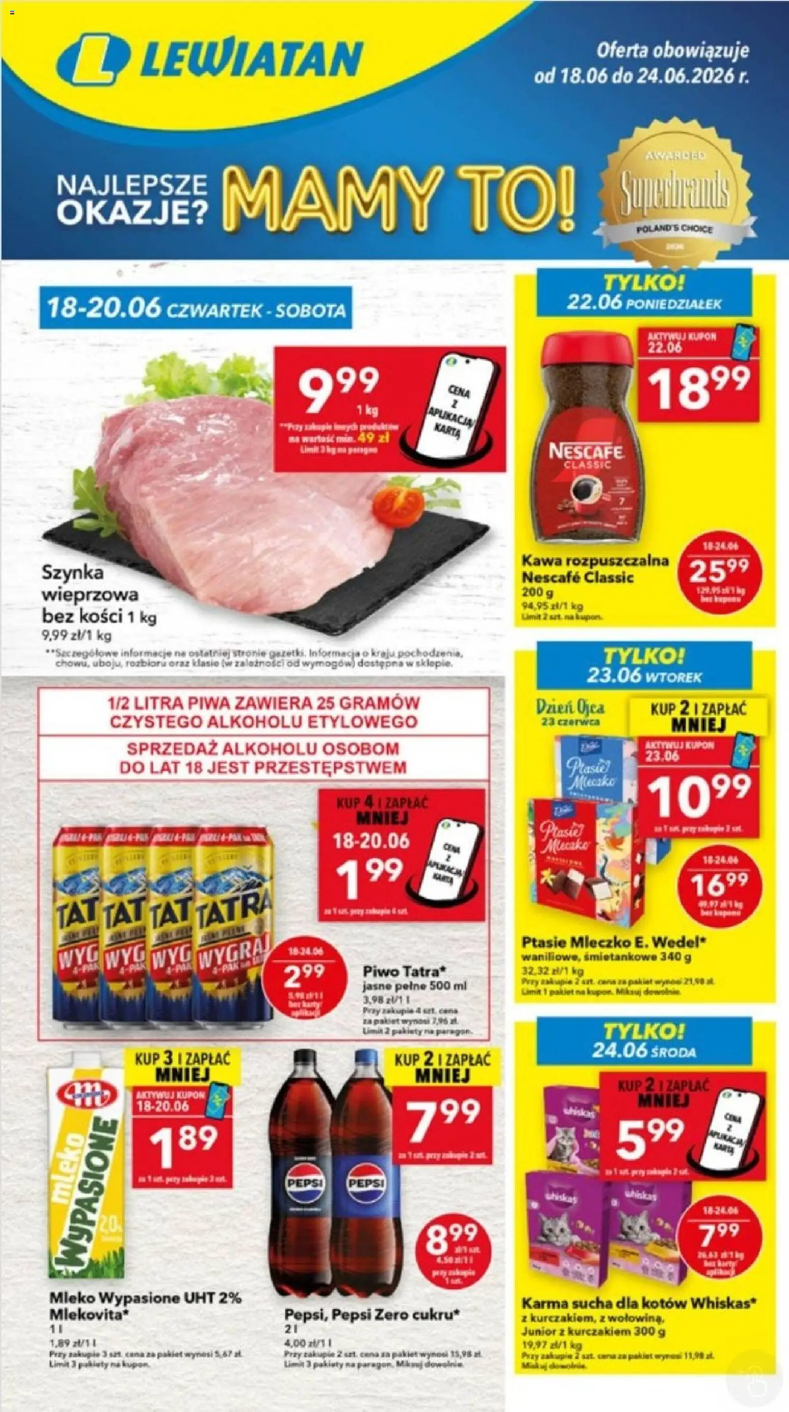 Lewiatan gazetka - Lublin od 18.06.2026 | Strona: 1 | Produkty: Karta, Mleko wypasione, Nescafe, Pepsi