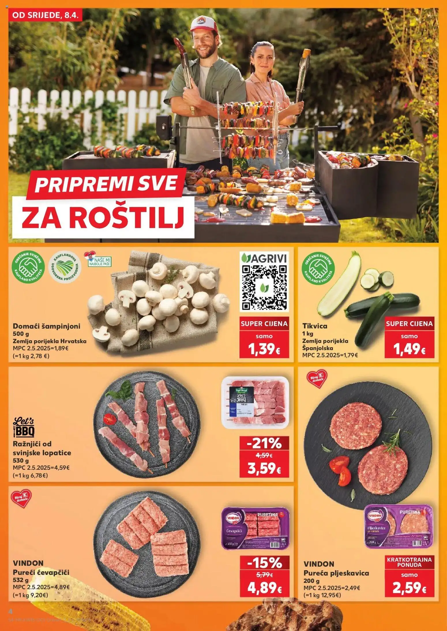 Kaufland katalog | vrijedi od 08.04.2026 | Stranica: 4 | Proizvodi: Puretina, Šampinjoni, Tikvica, Raznjici