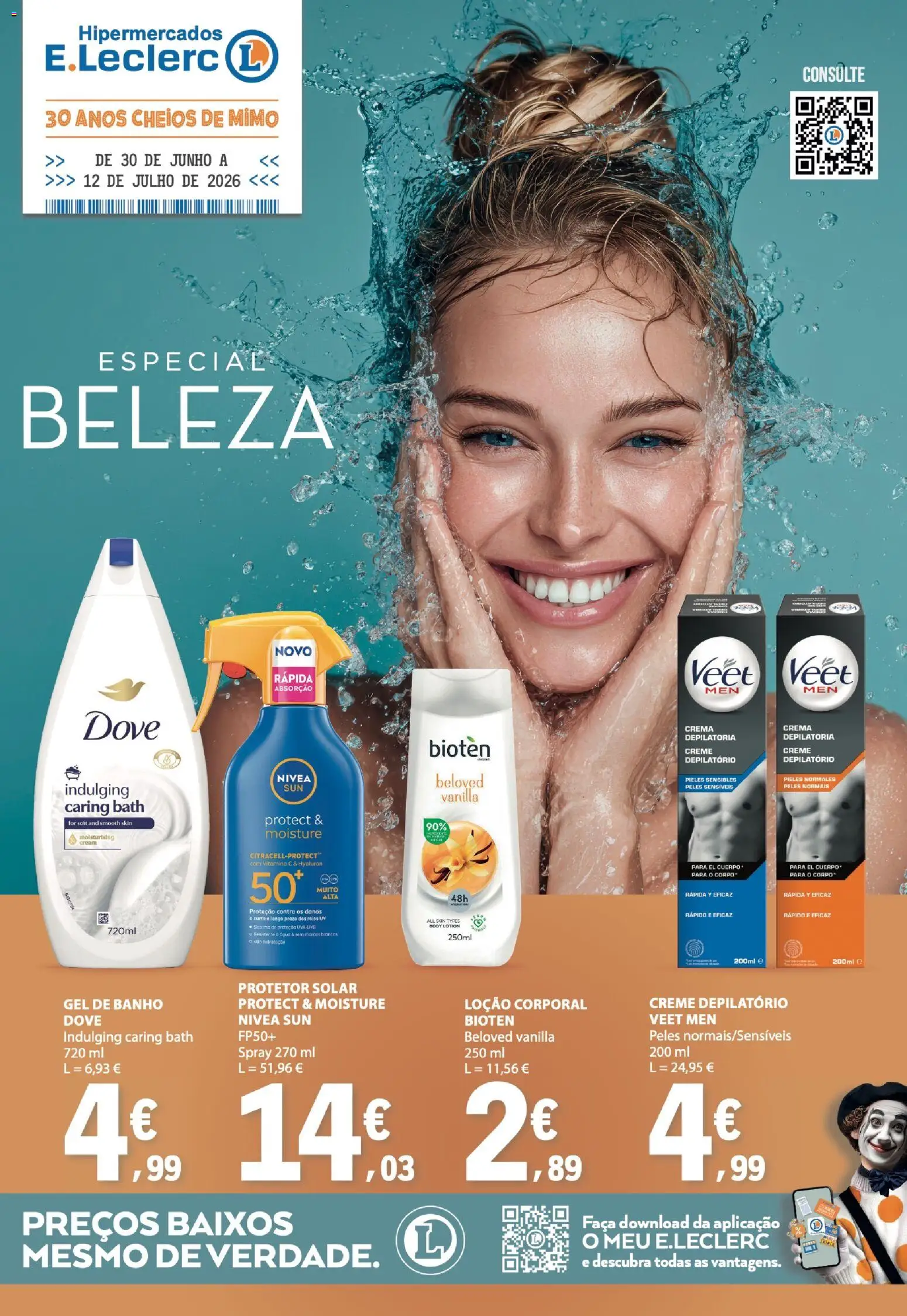 E.Leclerc Especial Beleza │ válido de 30/06/2026 | Página: 1 | Produtos: Faca, Protetor solar, Gel de banho, Vitamina c