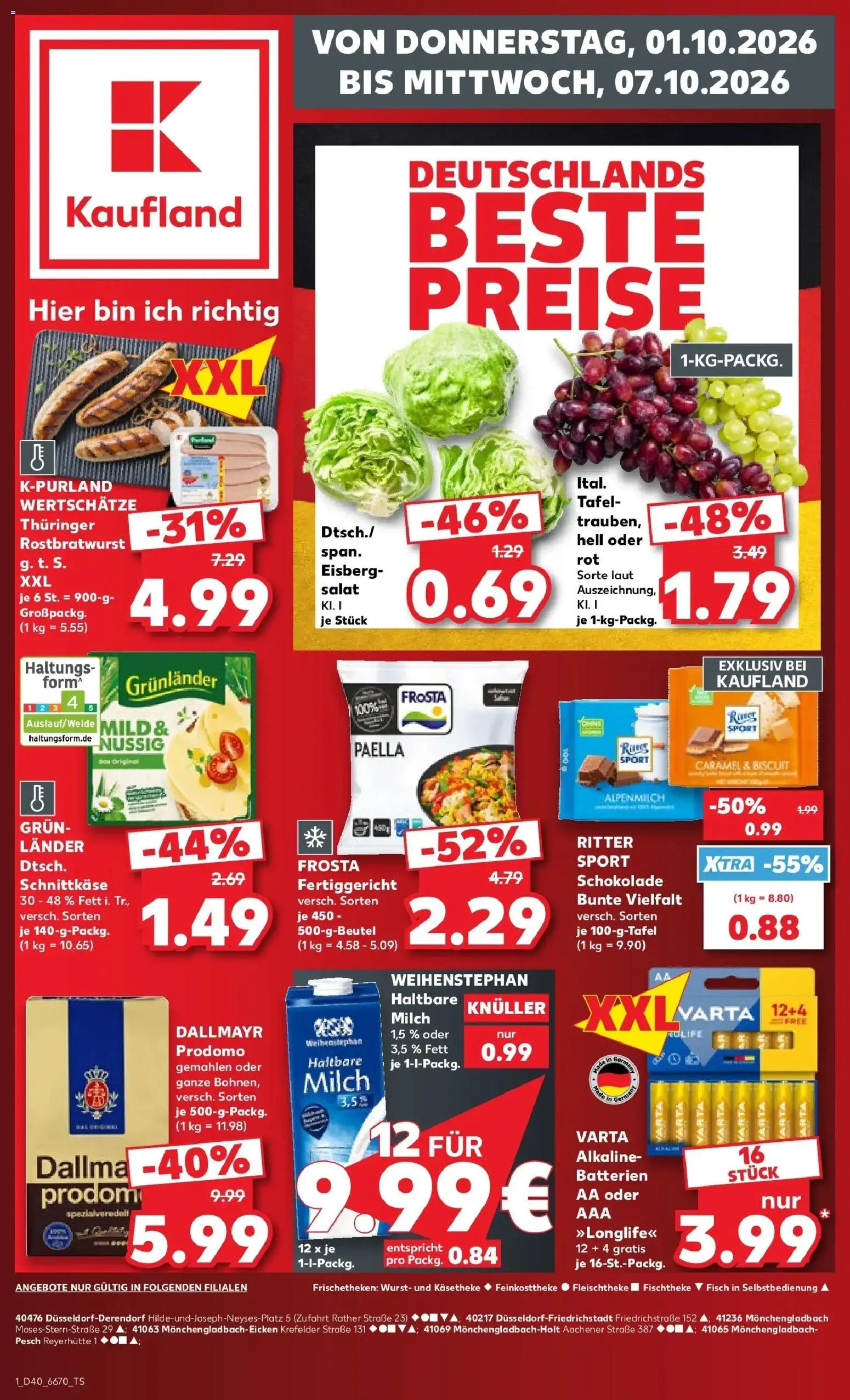 Prospekt Kaufland ab 01.10.2026 » Angebote Online zum Blättern | Seite: 1 | Produkte: Frosta, Dallmayr, Wurst, Salat