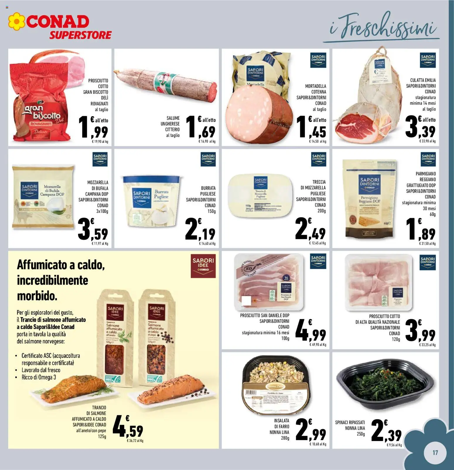 Volantino Conad del 29/07/2026 | Pagina: 17 | Prodotti: Spinaci, Mortadella, Parmigiano, Farro