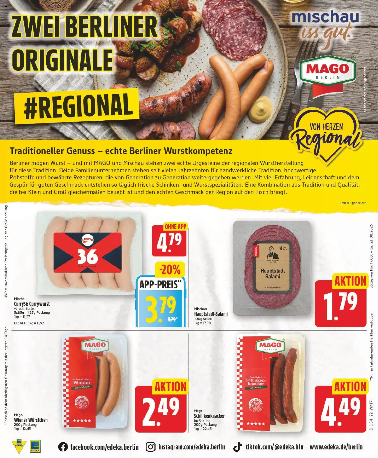 Edeka Prospekt – gültig ab 17.08.2026 | Seite: 22 | Produkte: Berliner, Wiener wurstchen, Tisch, Salami