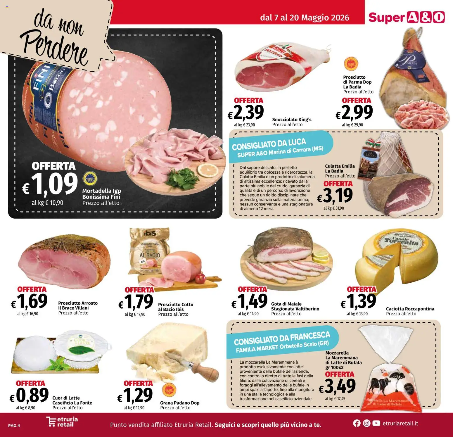 Volantino A&O del 07.05.2026 | Pagina: 4 | Prodotti: Prosciutto di Parma, Maiale, Cereali, Prosciutto
