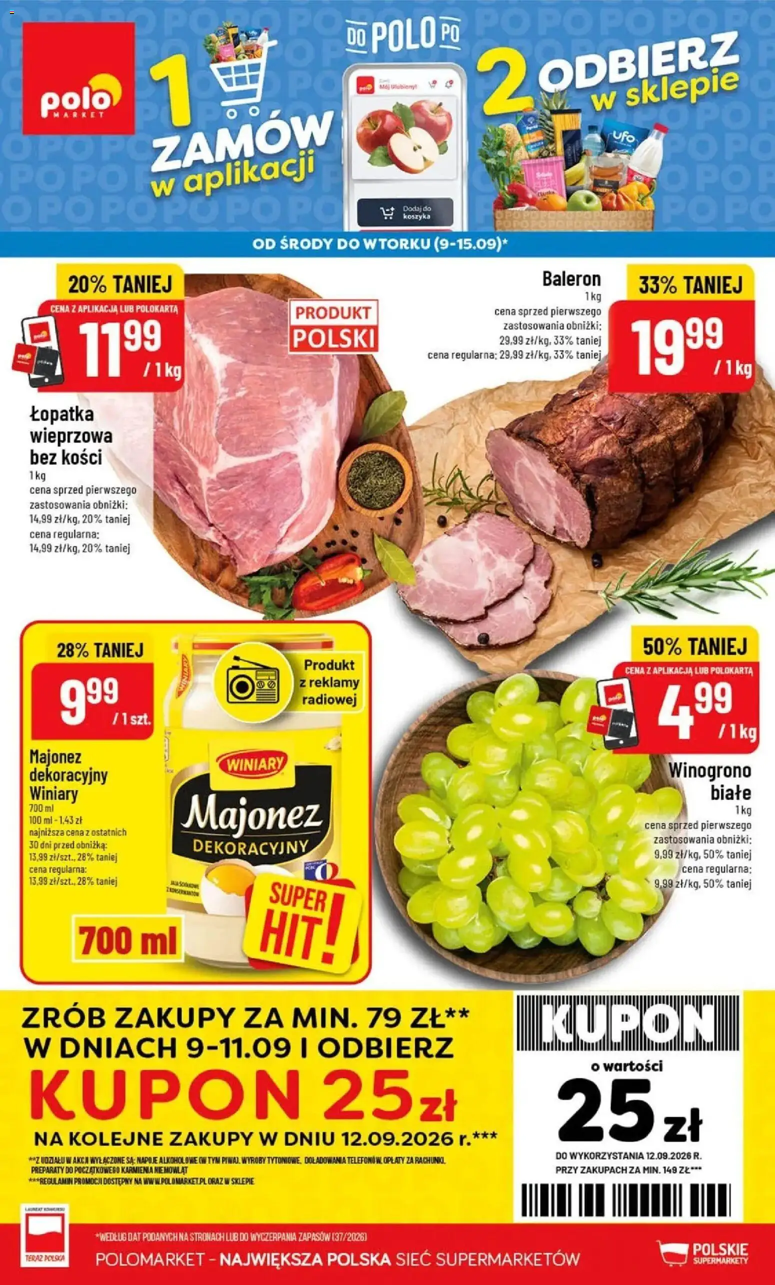 Nowa POLOmarket gazetka od jutra 09.09.2026 | Strona: 1 | Produkty: Łopatka wieprzowa bez kości, Winogrono, Napoje, Majonez
