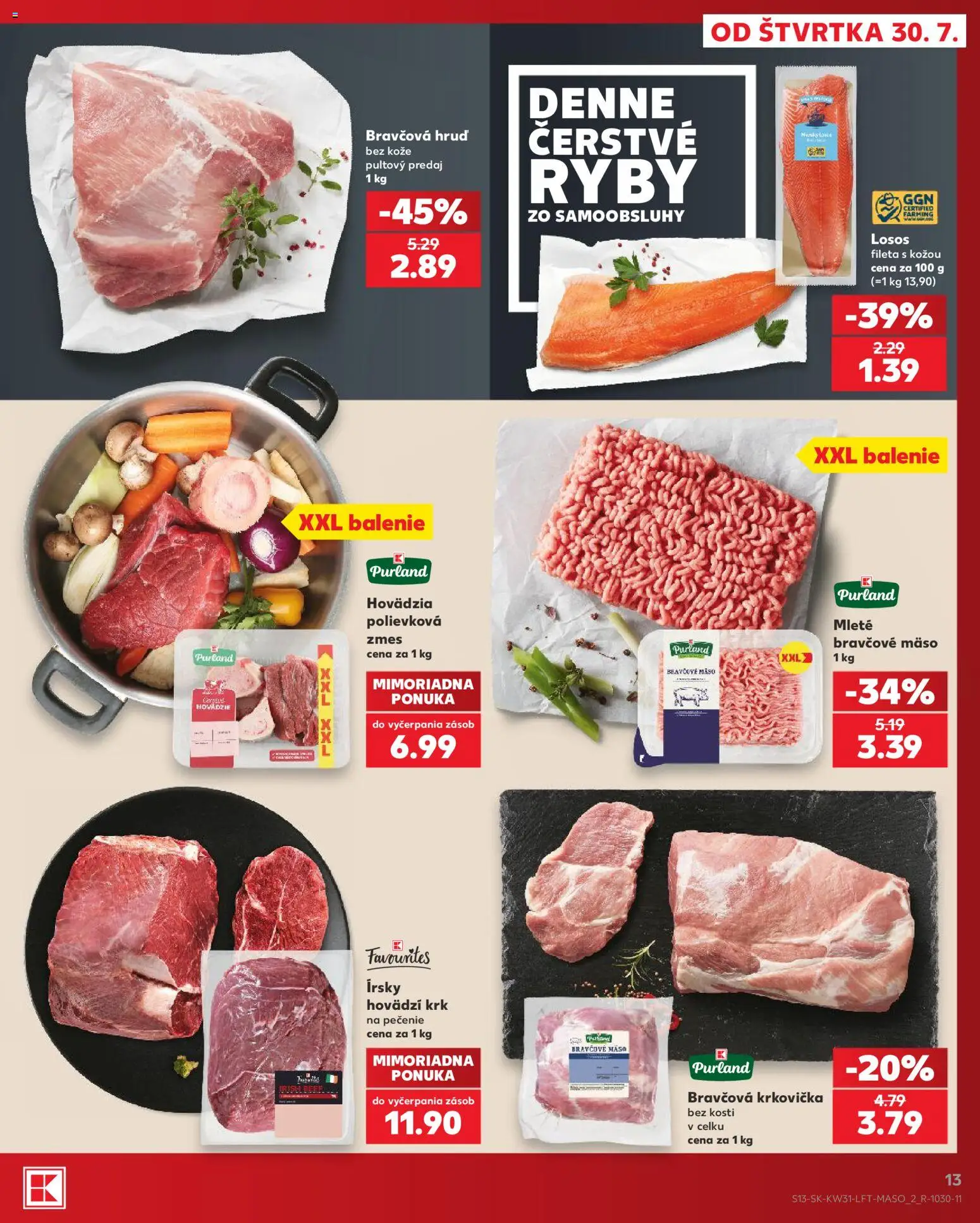 Nové Kaufland akcie – leták je platný od 30.07.2026 | Strana: 13 | Produkty: Ryby, Bravčová krkovička, Losos, Krkovička