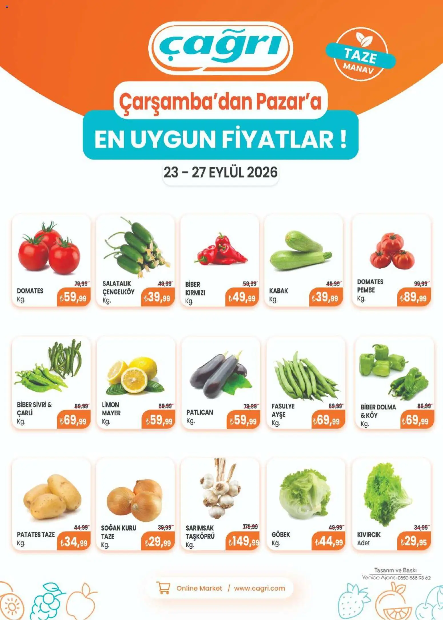 Çağrı Market - Manav Katalog - 23 Eylül 2026 tarihinden itibaren geçerlidir | Sayfa: 1 | Ürünler: Kabak, Patates, Biber, Sarımsak