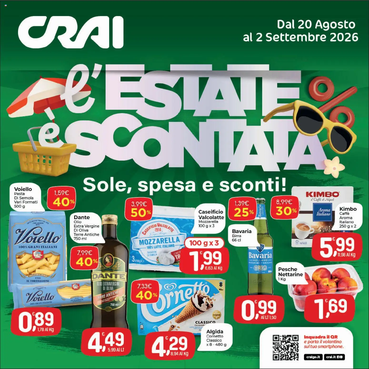 Volantino CRAI del 20/08/2026 | Pagina: 1 | Prodotti: Birra, Cornetto, Latte, Pasta