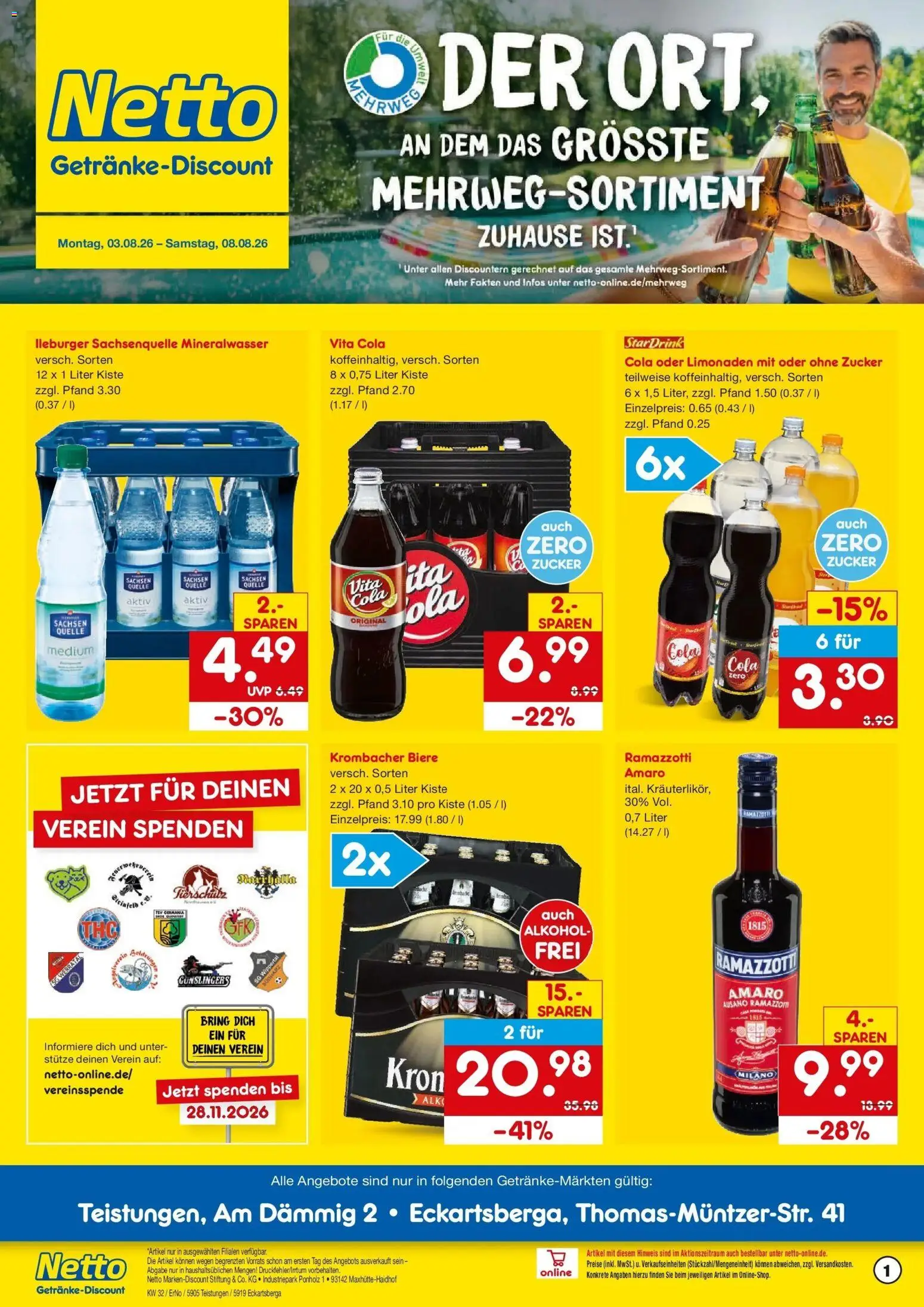 Netto Marken-Discount Prospekt Teistungen – gültig ab 03.08.2026 | Seite: 1 | Produkte: Mineralwasser, Alkohol, Zucker, Vita cola