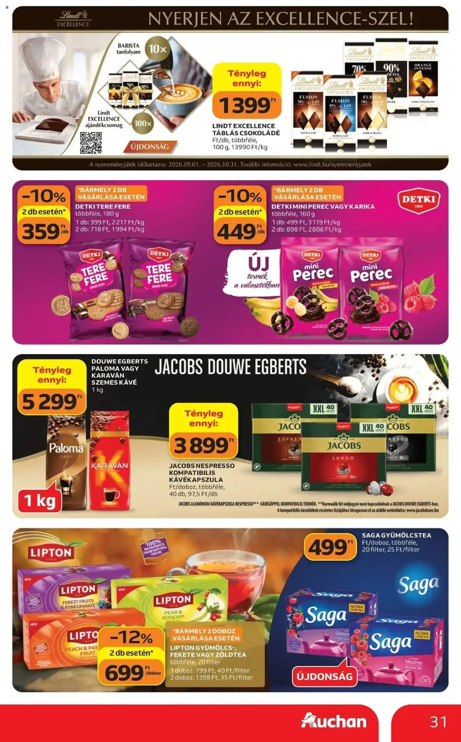 Auchan akciós újság Szolnok - 2026.10.08. -tól/töl > akció, lapozható szórólap 🛍️ | Oldal: 31 | Termékek: Nespresso, Lindt, Szemes kávé, Detki