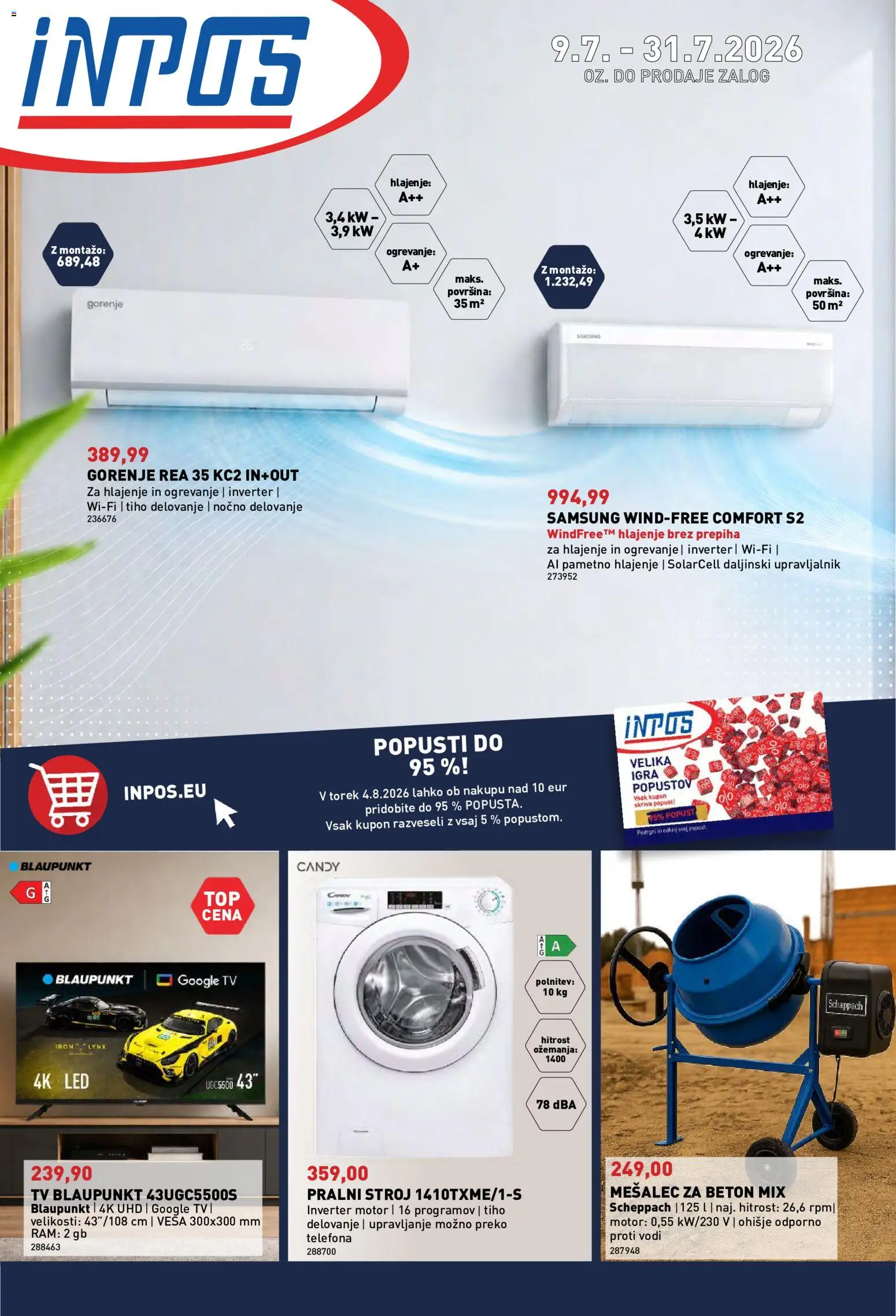 Novi Inpos katalog ponudbe – veljaven od 09.07.2026 | Stran: 1 | Izdelki: Tv, Pralni stroj, Beton, Mešalec