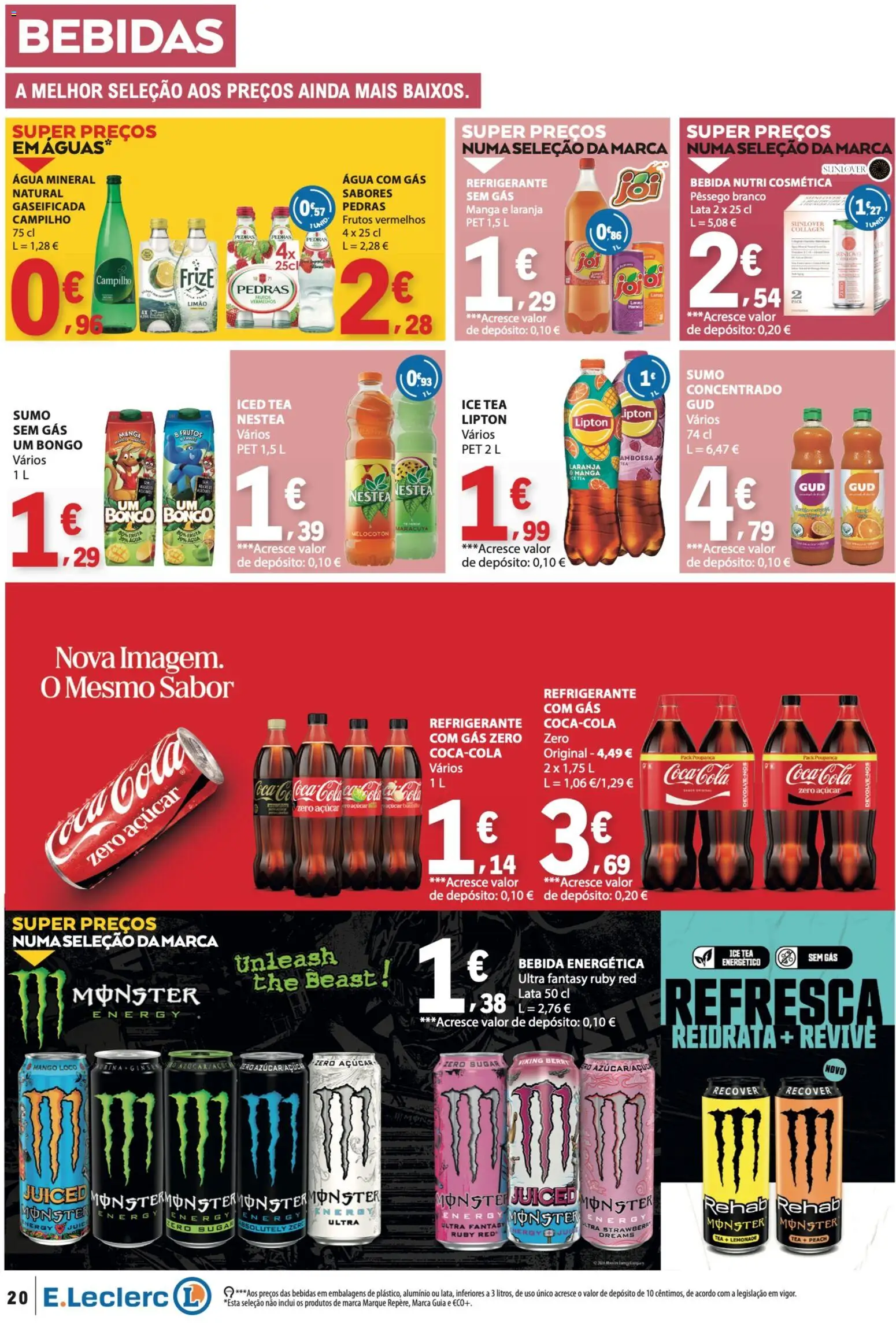 E.Leclerc folheto │ válido de 20/08/2026 | Página: 20 | Produtos: Baunilha, Sumo, Água com gás, Água mineral