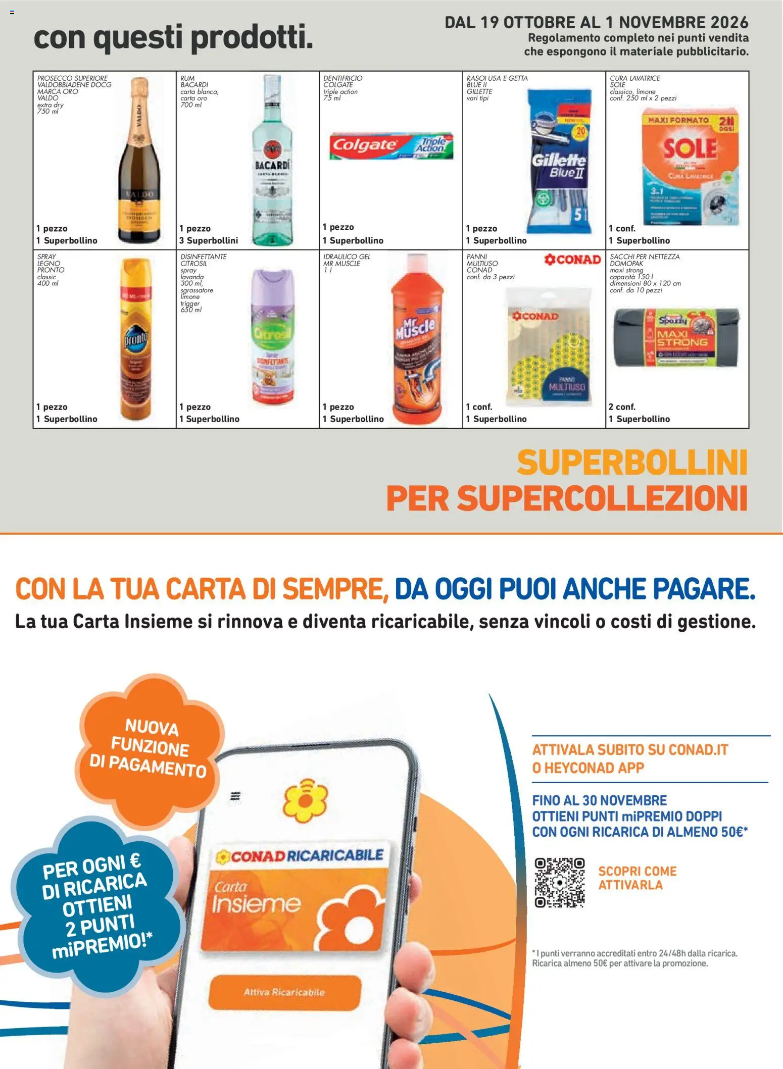 Volantino Conad del 21/10/2026 | Pagina: 23 | Prodotti: Sgrassatore, Bacardi, Lavatrice, Panni