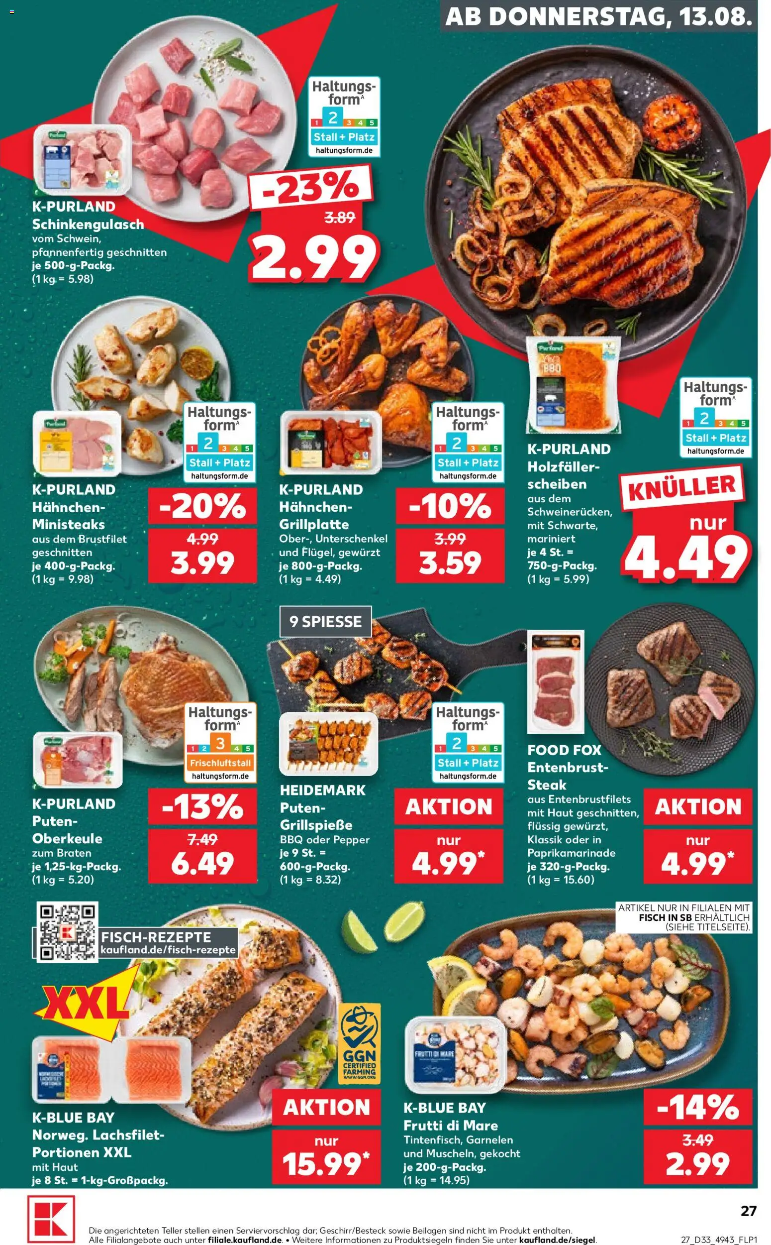 Kaufland Prospekt Köln – gültig ab 13.08.2026 | Seite: 27 | Produkte: Beilagen, Hahnchen, Spieße, Fisch
