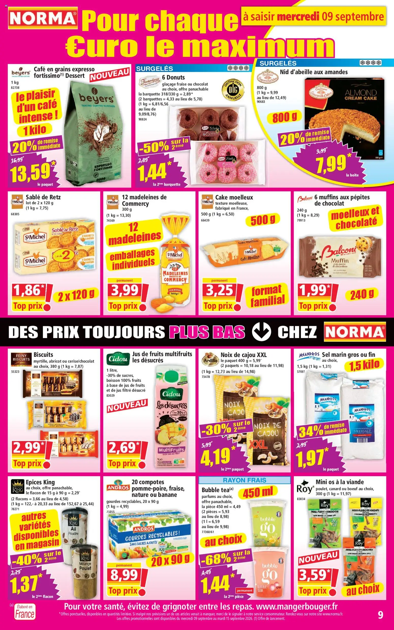 {H1} | Page: 9 | Produits: Base, Madeleines, Jus de fruits, Banane