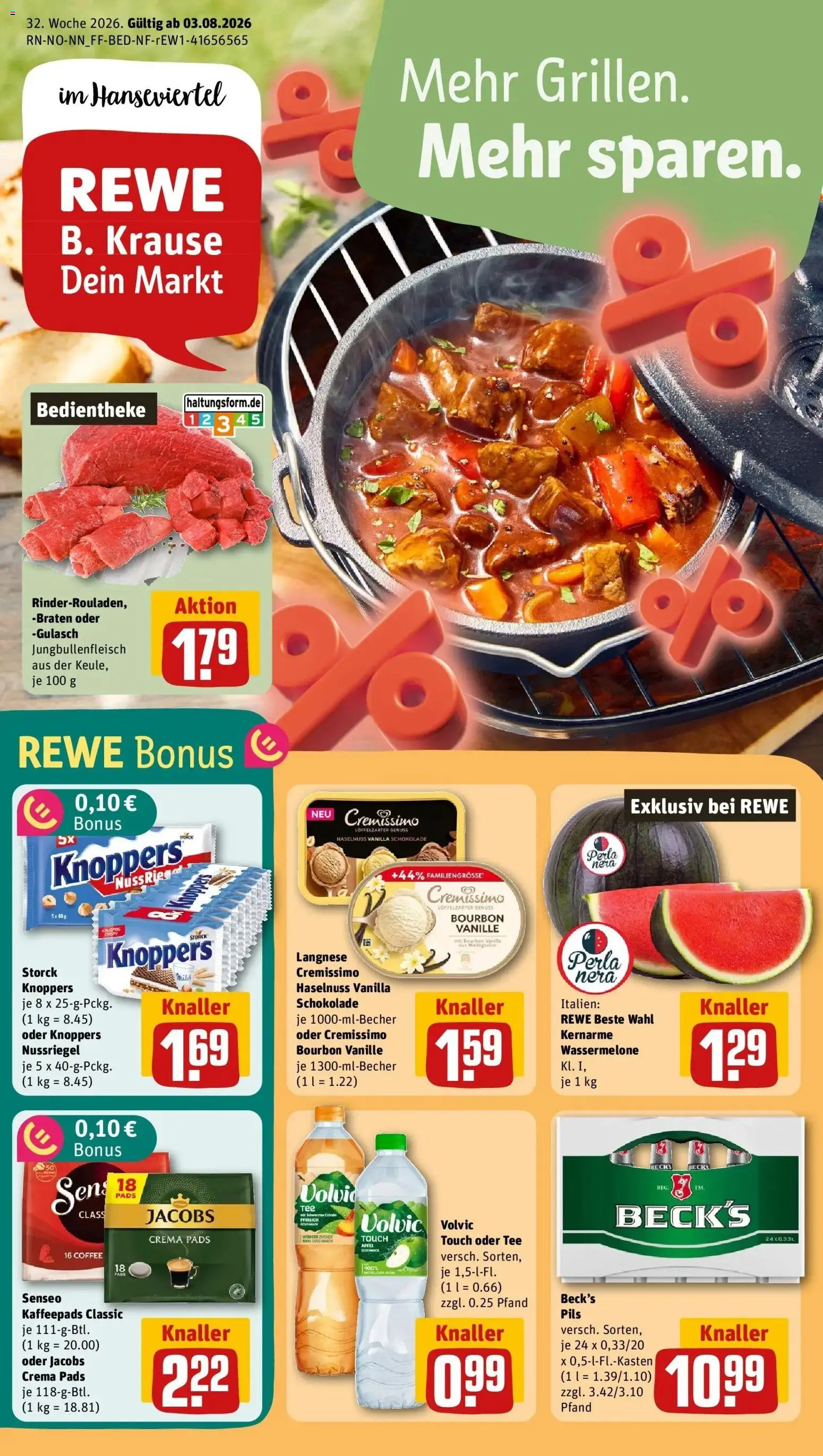 REWE Prospekt ab 03.08.2026 zum Blättern » Angebote | Seite: 1 | Produkte: Senseo, Kaffeepads, Cremissimo, Bourbon