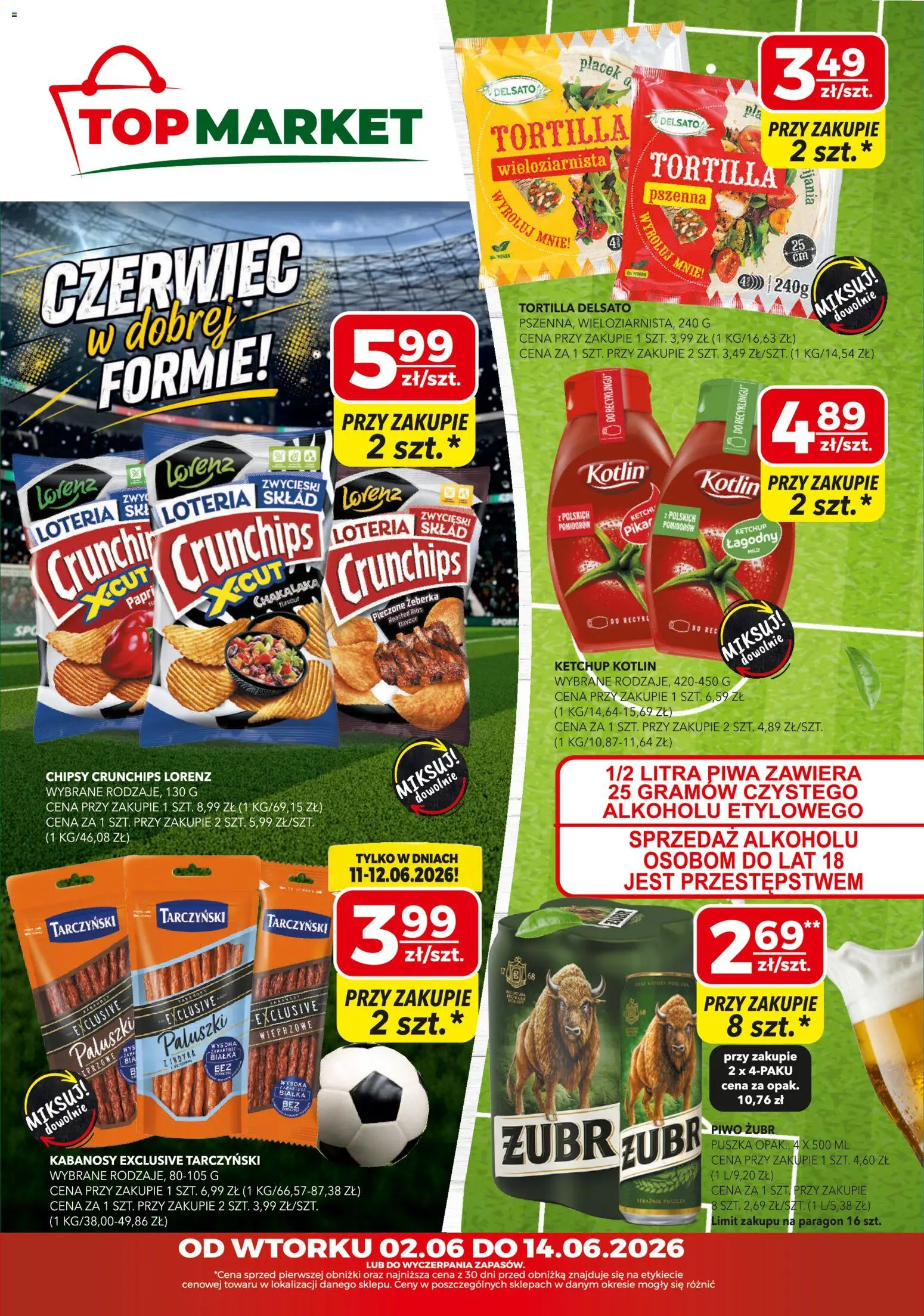 Top Market gazetka od 02.06.2026 | Strona: 1 | Produkty: Chipsy, Tortilla, Paluszki, Piwo