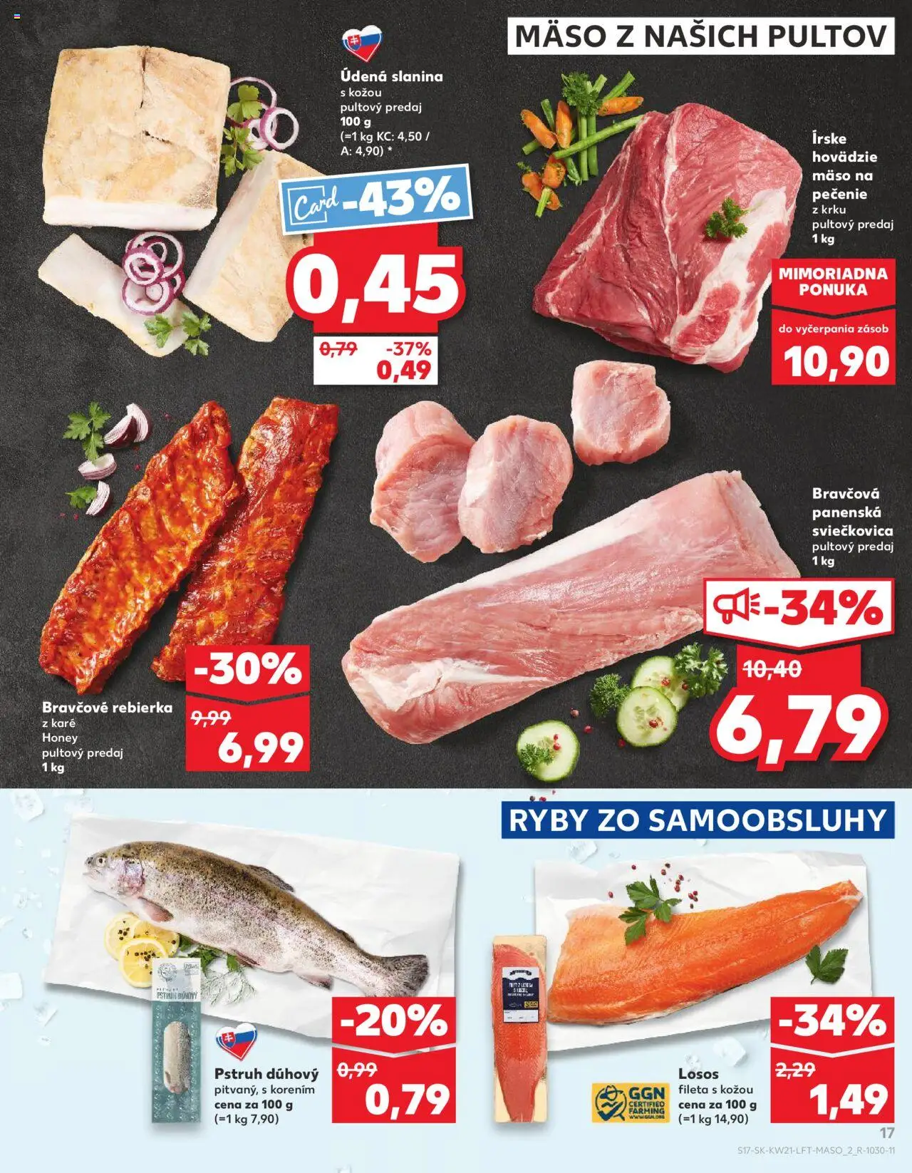 Nové Kaufland akcie – leták je platný od 22.05.2025 | Strana: 17 | Produkty: Slanina, Hovädzie mäso, Pstruh, Losos