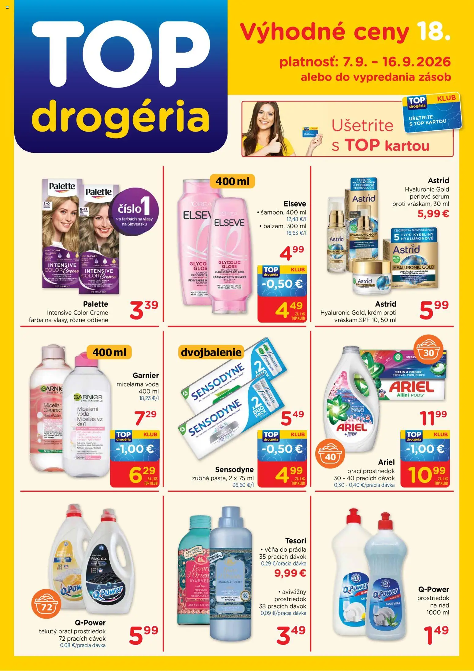Nové TOP Drogéria akcie – leták je platný od 07.09.2026 | Strana: 1 | Produkty: Krém, Ariel, Voda, Lenor
