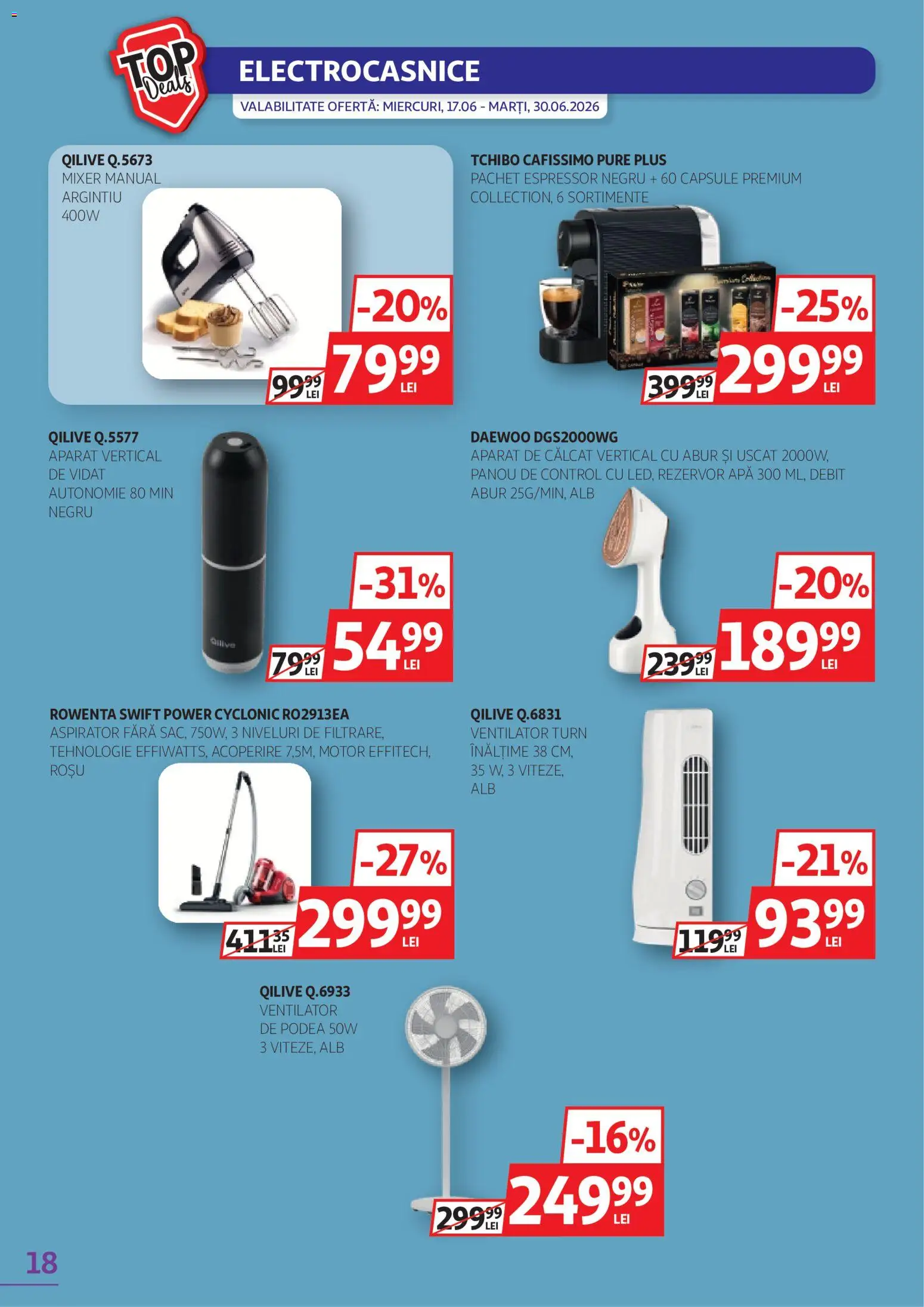 Noul catalog Auchan – valabil de la 17.06.2026 | Pagină: 18 | Produse: Espressor, Aparat de călcat, Mixer, Apă