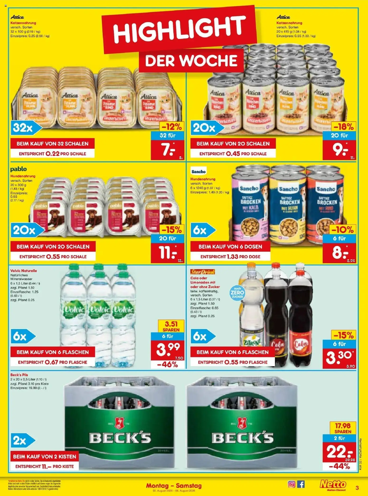 Netto Marken-Discount Prospekt Buttenwiesen – gültig ab 03.08.2026 | Seite: 3 | Produkte: Cola, Pils, Zucker, Volvic