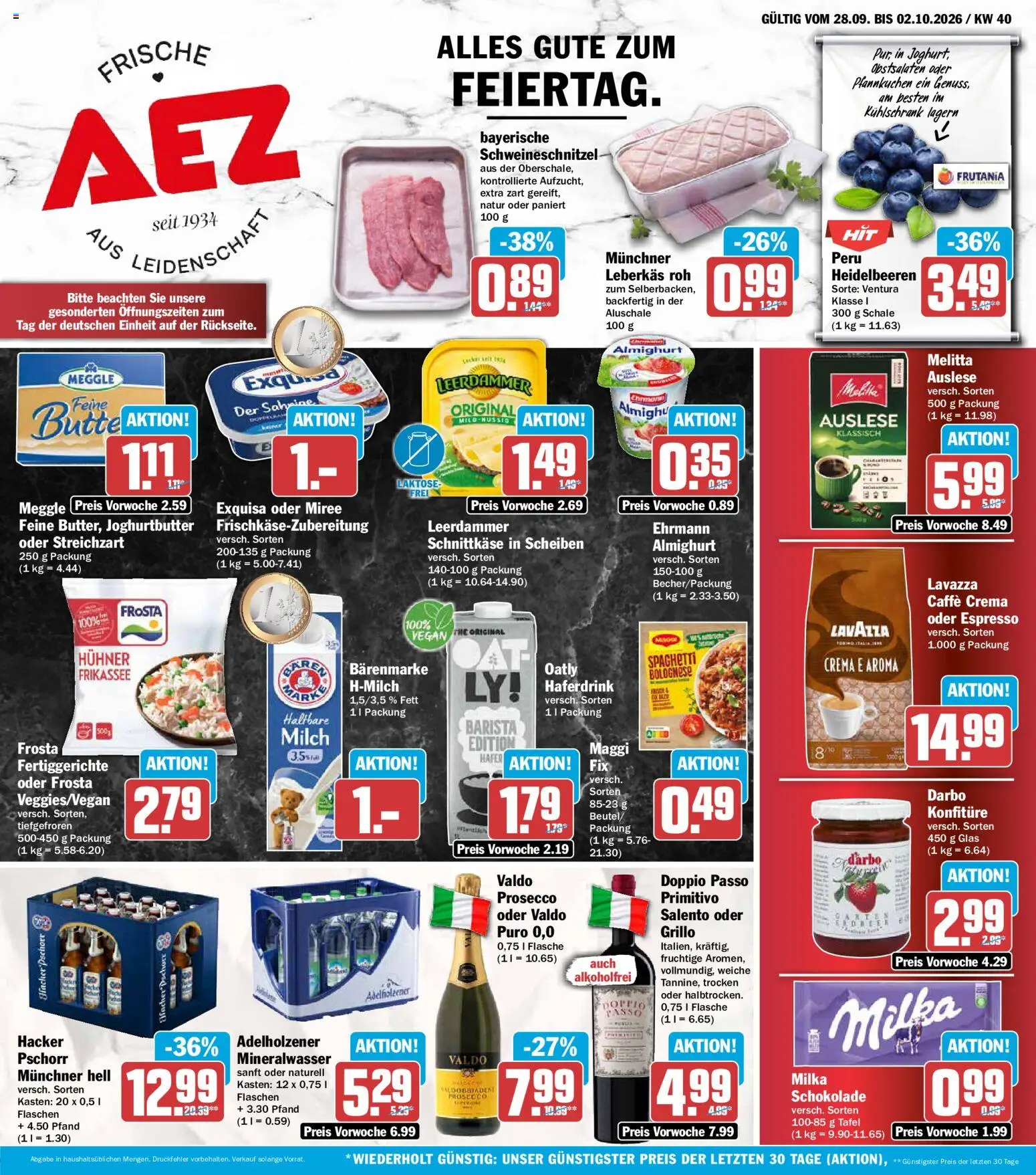 AEZ Prospekt – gültig ab 28.09.2026 | Seite: 1 | Produkte: Maggi, Schokolade, Spaghetti, Prosecco