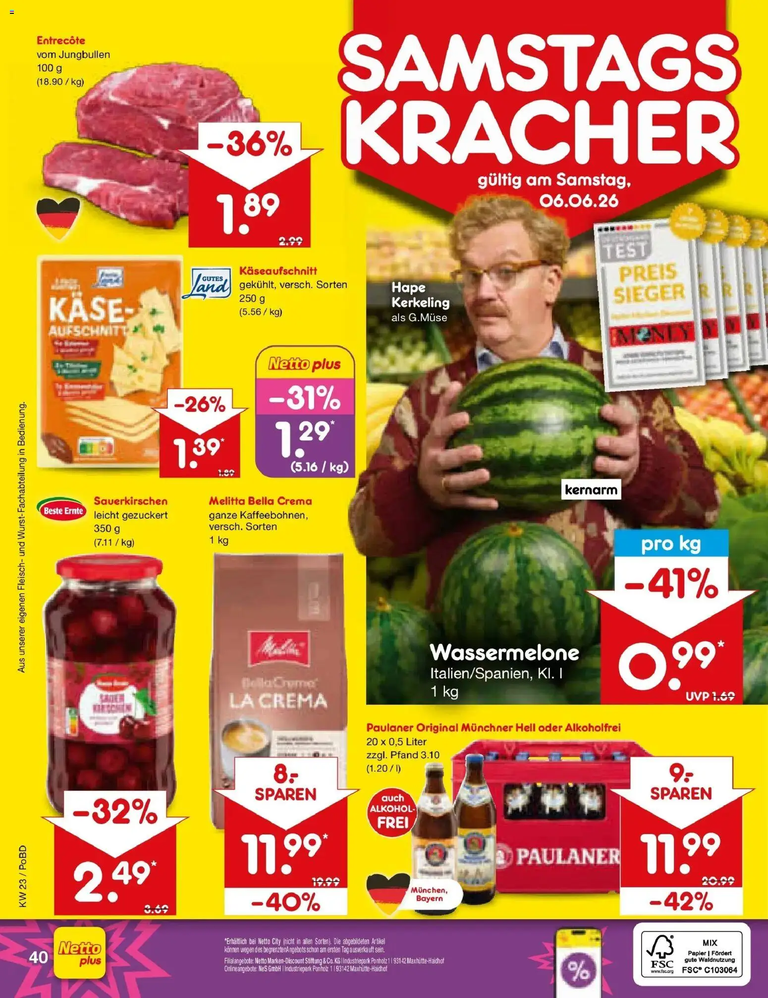Netto Marken-Discount Prospekt Selb – gültig ab 01.06.2026 | Seite: 56 | Produkte: Entrecote, Wassermelone, Fleisch, Paulaner