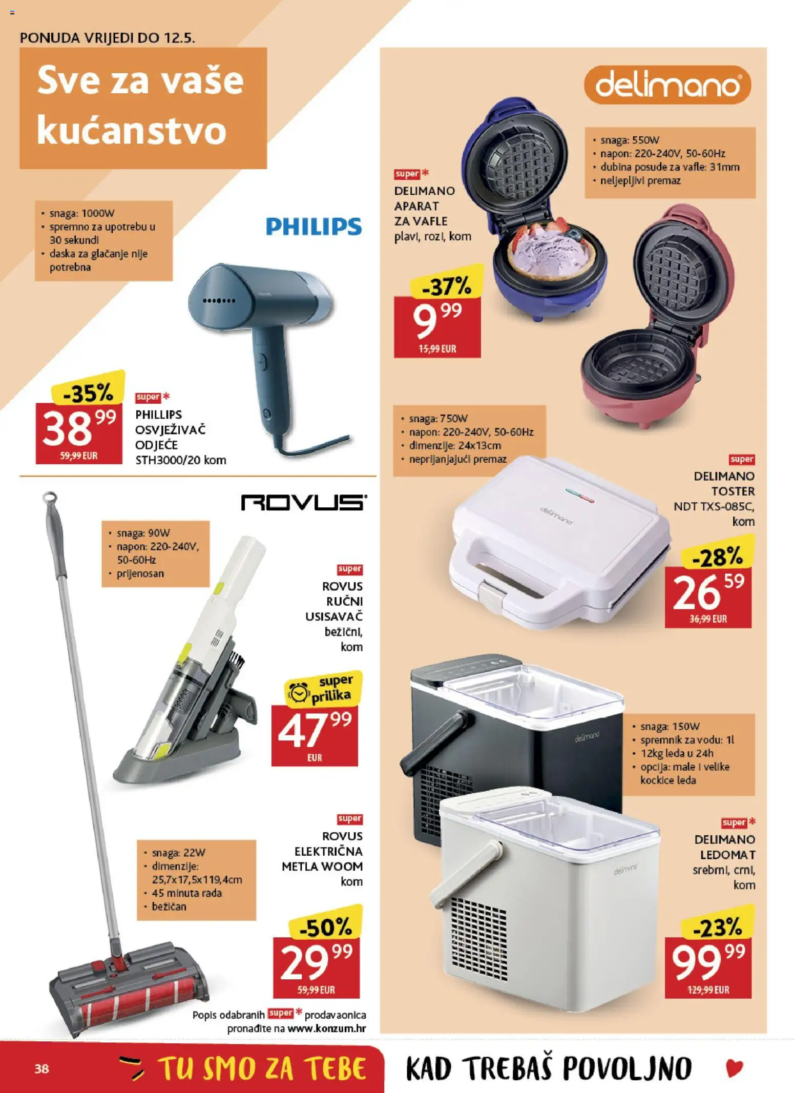 Konzum katalog | vrijedi od 29.04.2026 | Stranica: 38 | Proizvodi: Usisavač, Toster, Aparat za vafle, Delimano