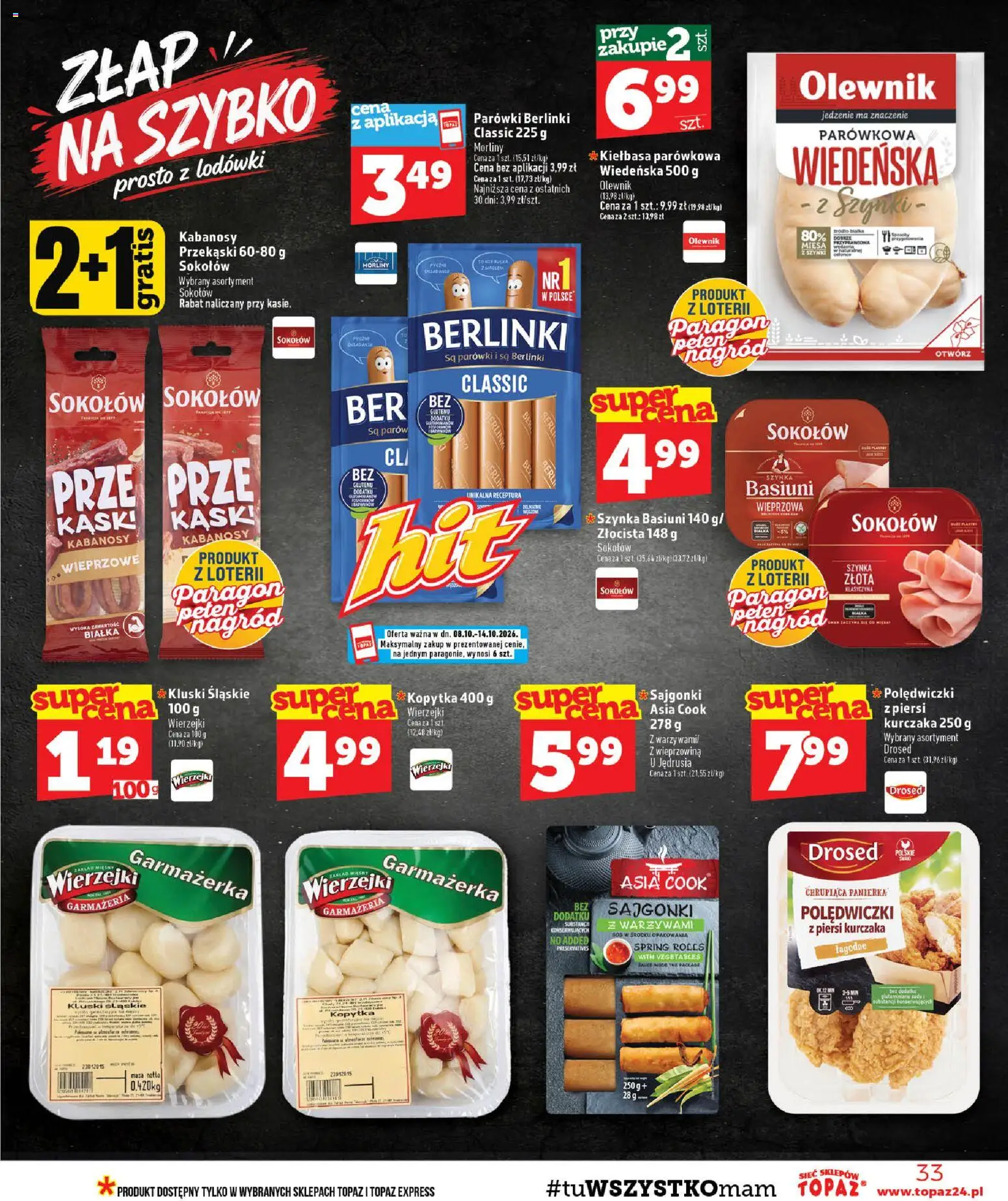 Topaz gazetka - Ceny małe na stałe od 08.10.2026 | Strona: 33 | Produkty: Parówki berlinki, Piersi, Kluski śląskie, Kopytka