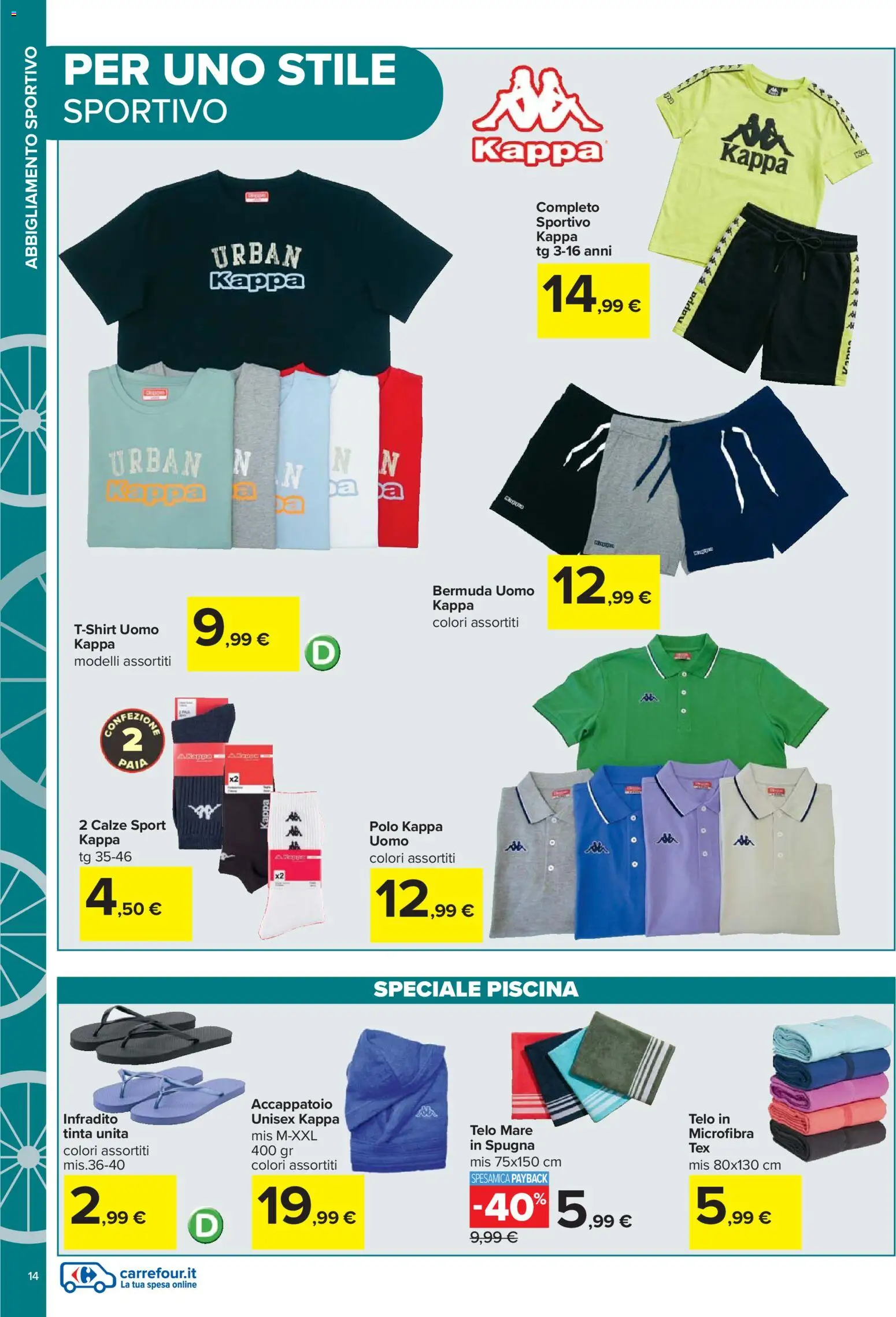 Volantino Carrefour del 20.04.2026 | Pagina: 14 | Prodotti: Spugna, Infradito, Bermuda, Piscina