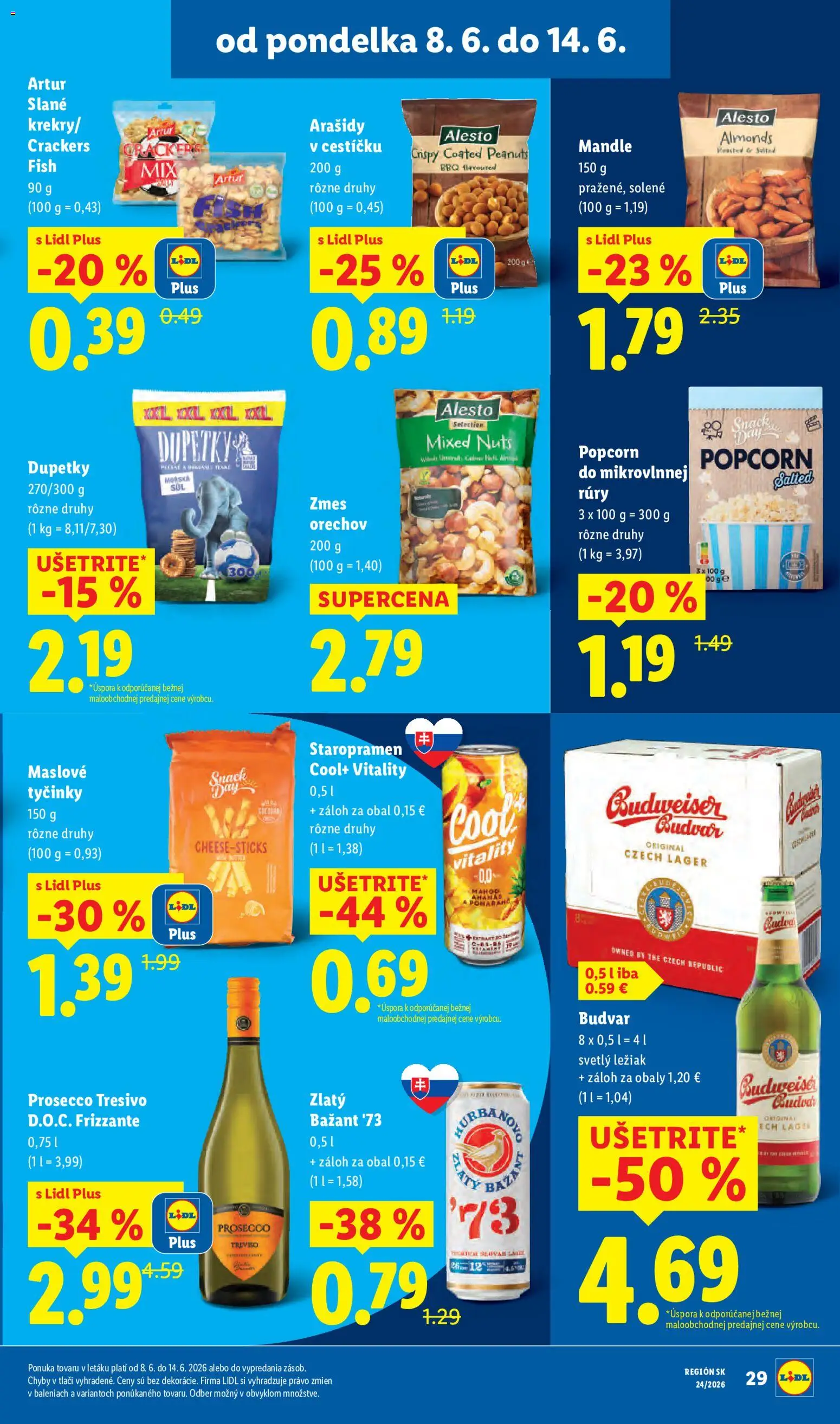 Nové Lidl akcie – leták je platný od 08.06.2026 | Strana: 43 | Produkty: Budvar, Staropramen, Arašidy, Mandle