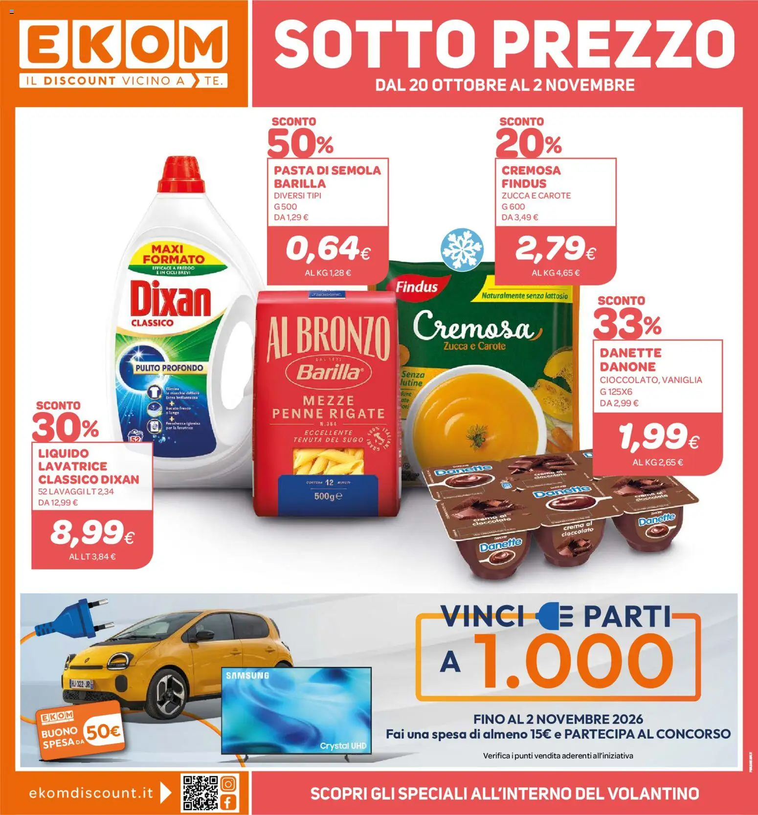 Volantino Ekom del 20/10/2026 | Pagina: 1 | Prodotti: Pasta, Crema al cioccolato, Senza lattosio, Samsung