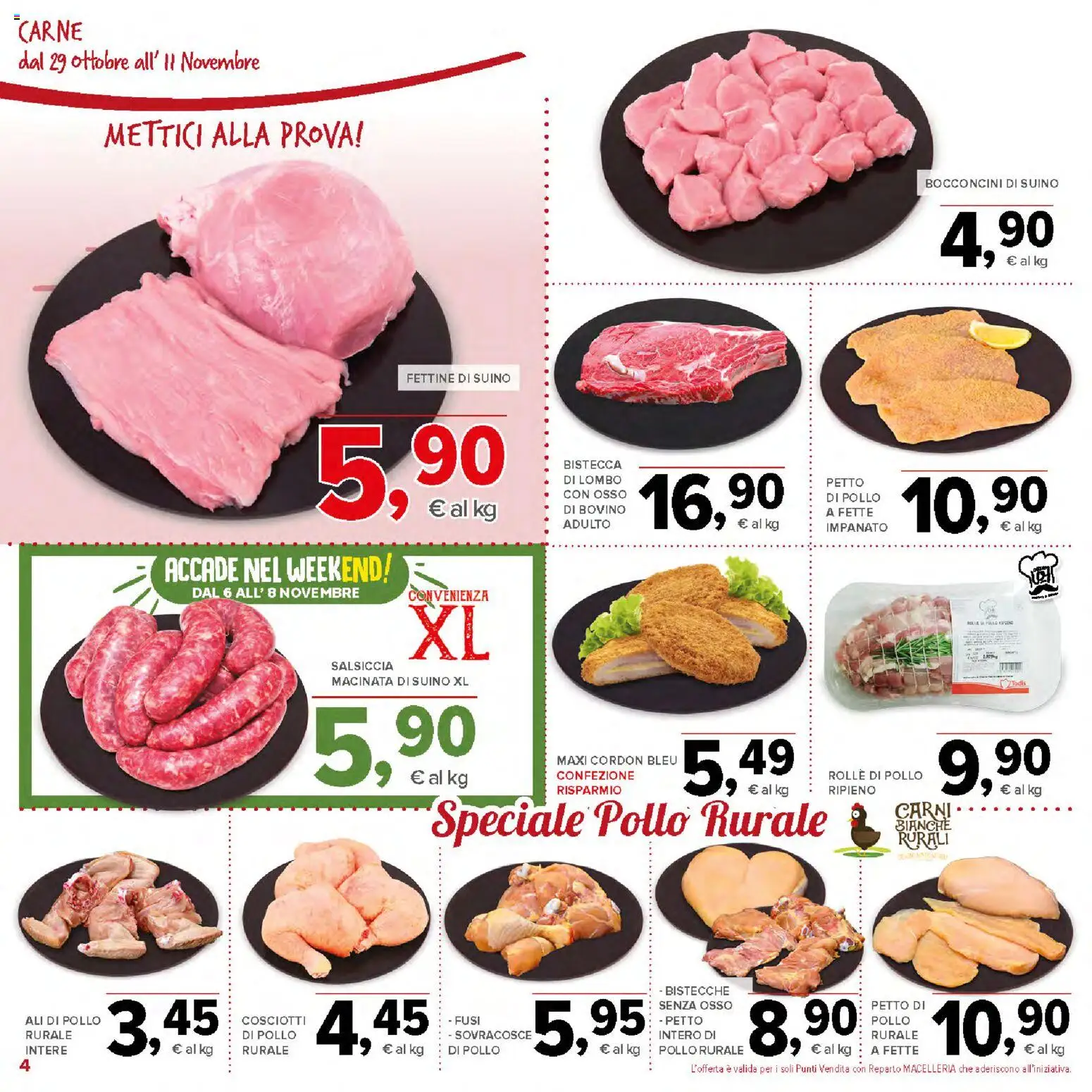 Volantino Todis del 29/10/2026 | Pagina: 4 | Prodotti: Suino, Salsiccia, Carne, Bistecca